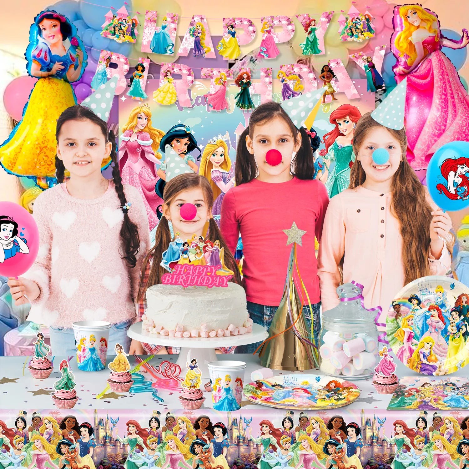 Princess Birthday Party Decorations, 10-Person Princess Party Tableware & Decorations Set Including Princess Birthday Plates Napkins Tablecloth & Princess Cake Topper Banner etc, for Girls Kids