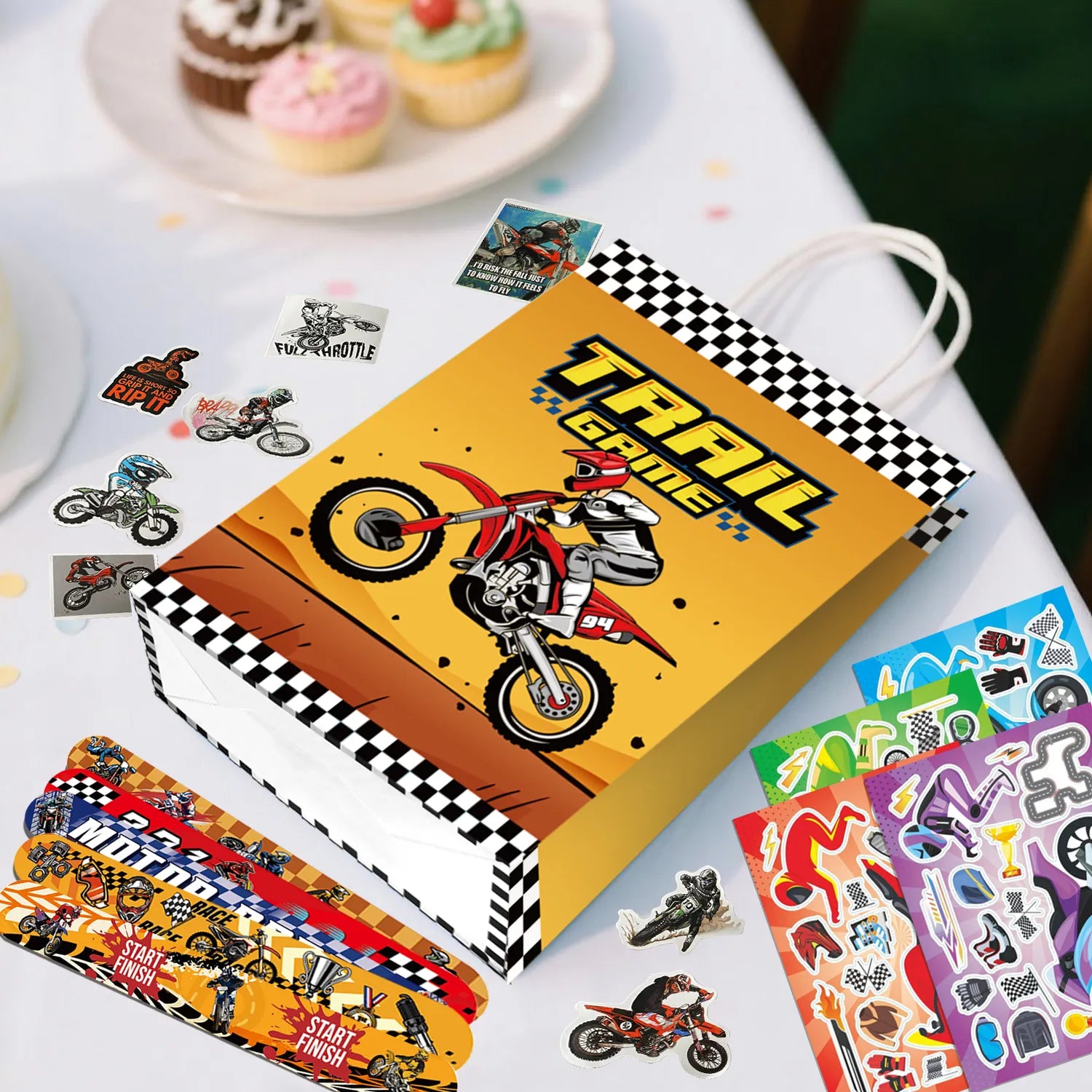 Motorcycle Party Favors, 110pcs Motocross Birthday Party Favors Set - Dirtbike Birthday Goodie Bag Slap Bracelets Stampers & Make Your Own Motorcycle Stickers etc Motocross Birthday Favors