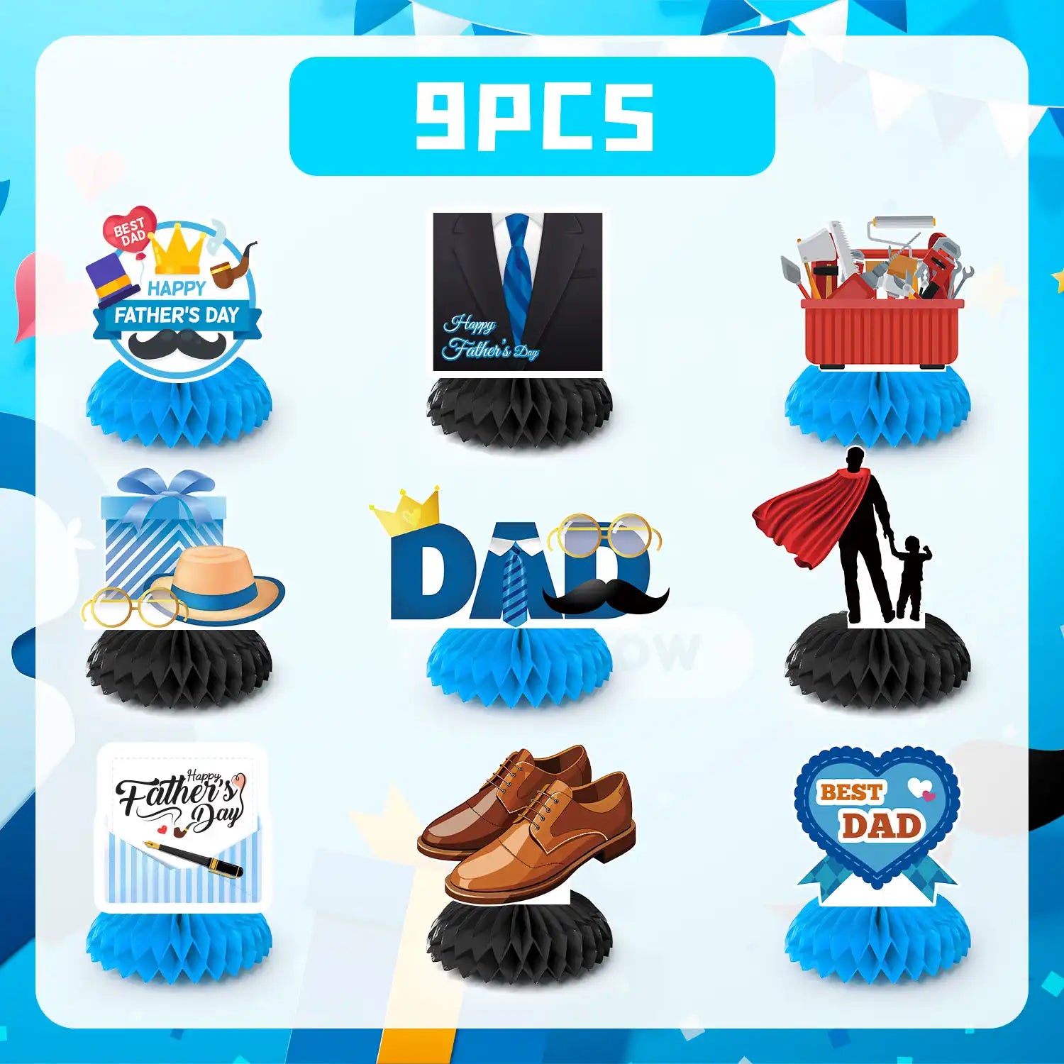 Father's Day Honeycomb Centerpieces - 9pcs Happy Father's Day Table Decoration, Father's Day Centerpiece Decorations & Father's Day Table Centerpieces for Father's Day Decorations Supplies