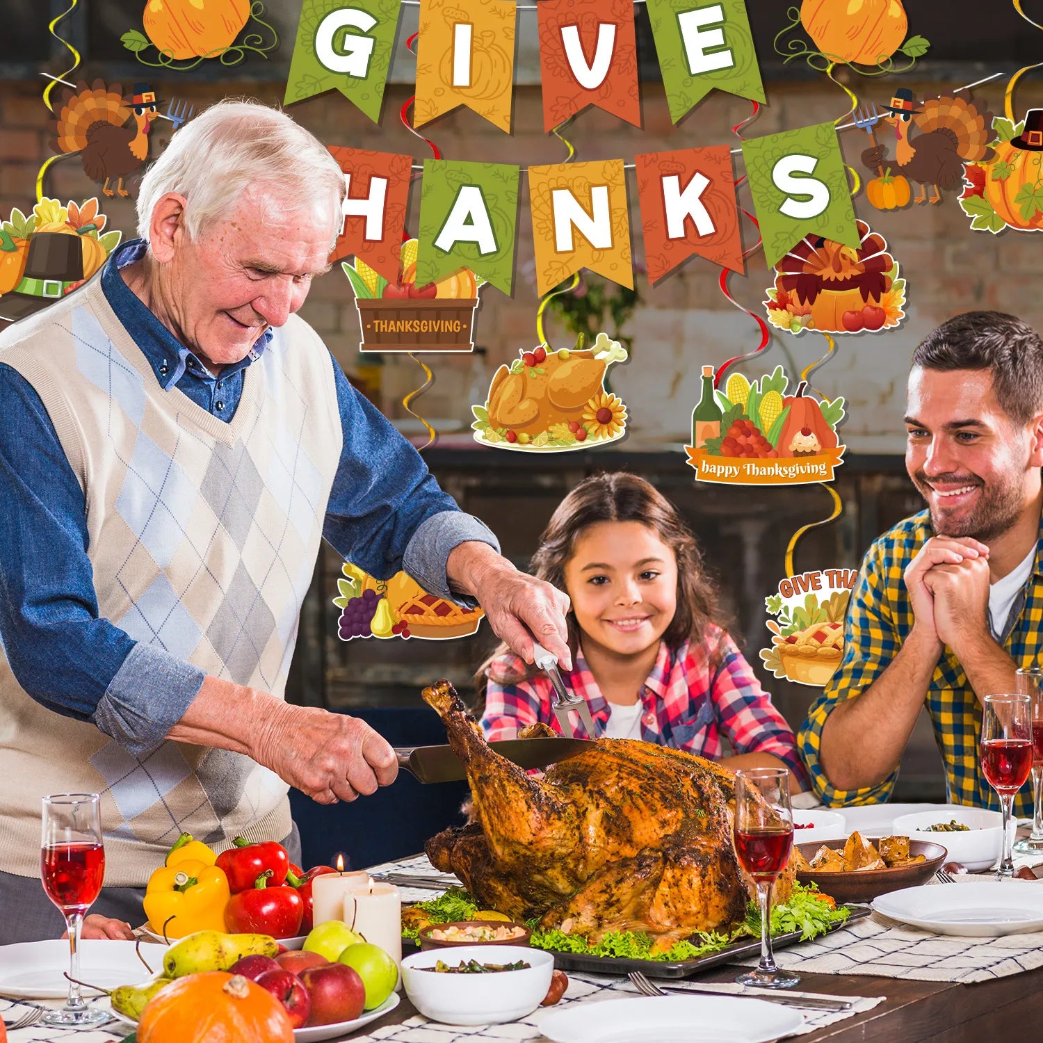 Thanksgiving Banner Hanging Swirls,17pcs Give Thanks Hanging Swirls&Banner Set-Happy Thanksgiving Hanging Swirls,Happy Thanksgiving Banner&Thanksgiving Foil Streamer,for Thanksgiving Party Decorations