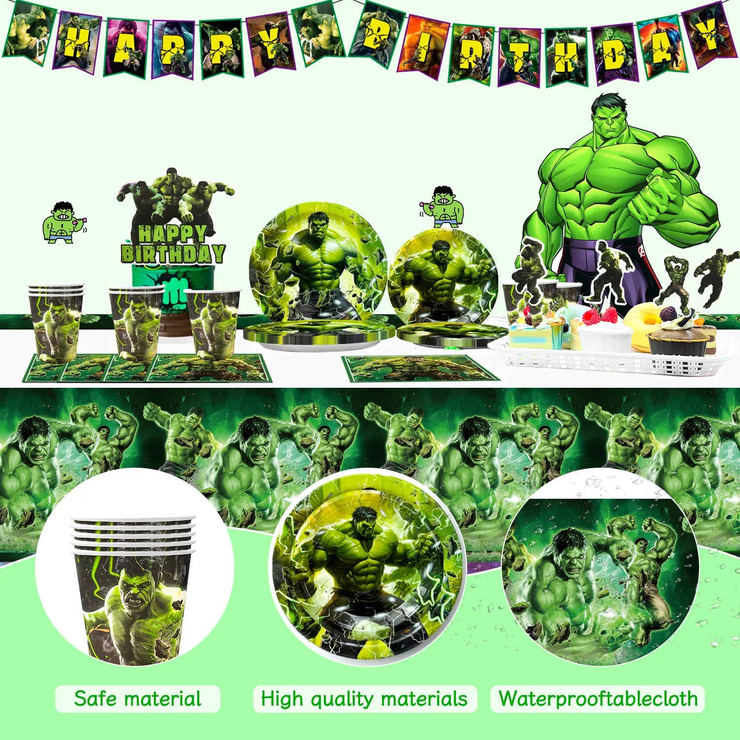 Hulk Birthday Party Supplies, 82pcs Hulk Party Decorations & Tableware Set Including Hulk Cake Topper Balloons Backdrop Plates Cups etc Hulk Themed Birthday Party Decorations Supplies for Boys/Girls