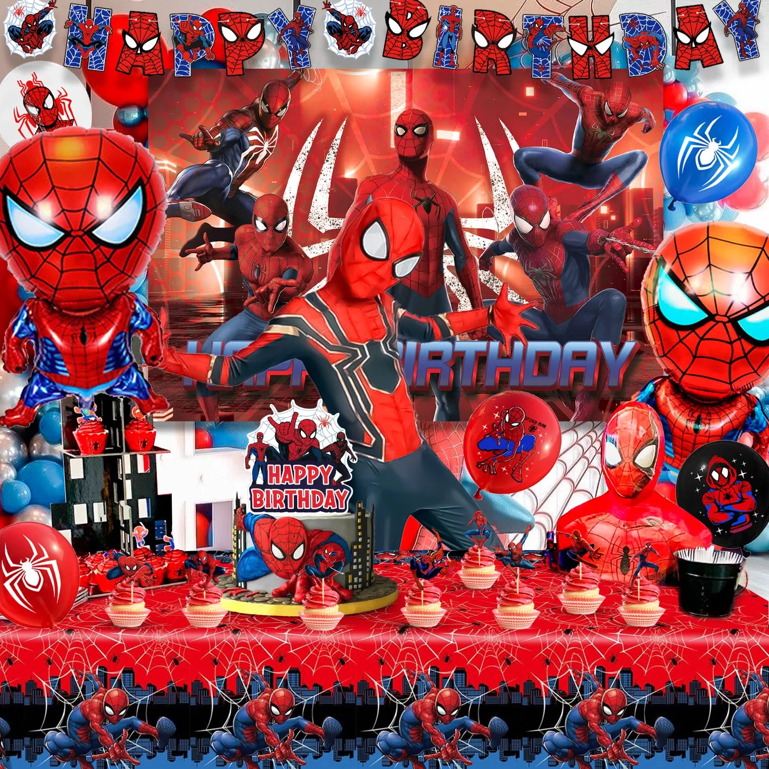 Spiderman Birthday Party Supplies Kit - 30 Pcs Spiderman Party Set with Banner Backdrop Tablecloth & Spiderman Balloons Cake Topper etc Spiderman Themed Birthday Party Decorations for Kids