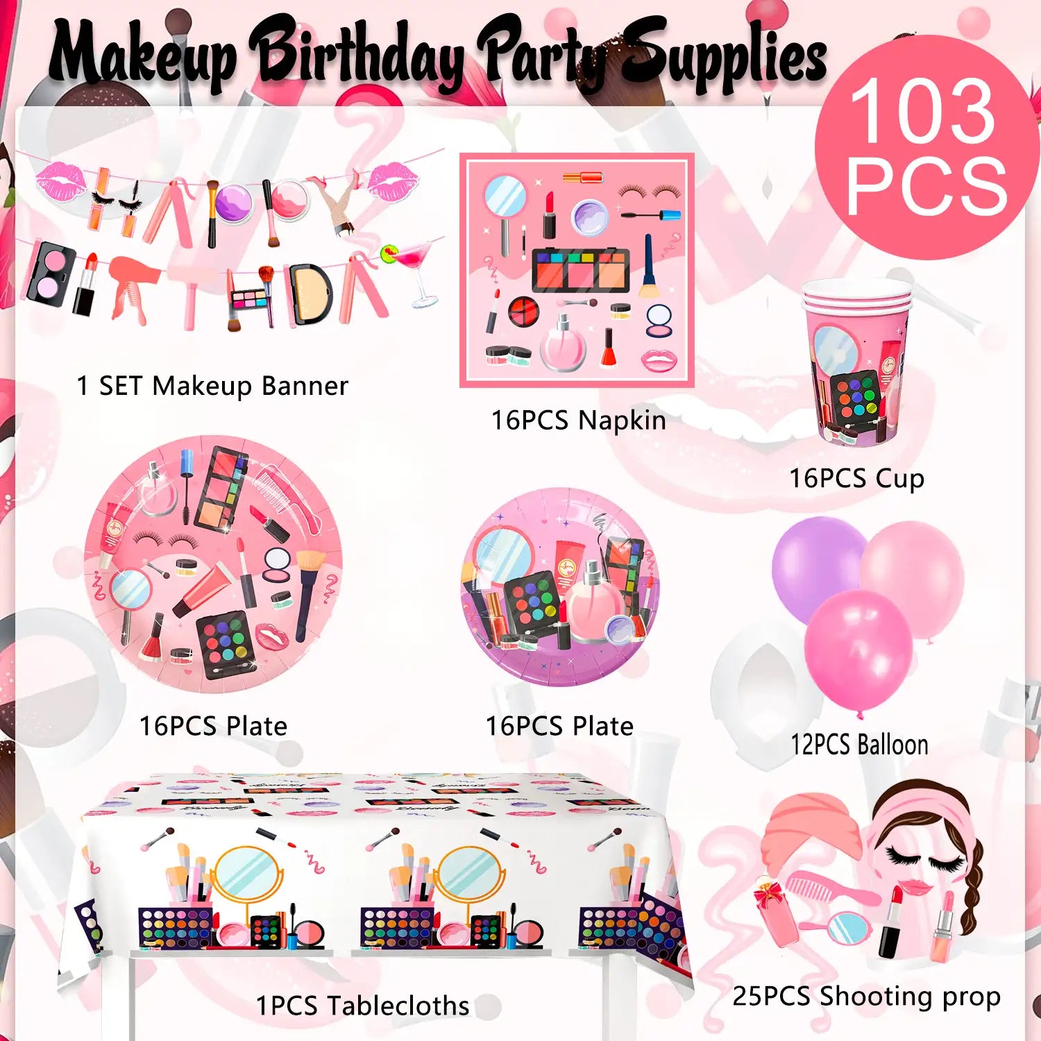 Makeup Birthday Party Supplies, 16 Guests Spa Party Decorations Set-Makeup Theme Party Decoration Plates Cups Napkins Banner Balloon Photo Booth Props etc Makeup Birthday Party Decorations for Girls Women