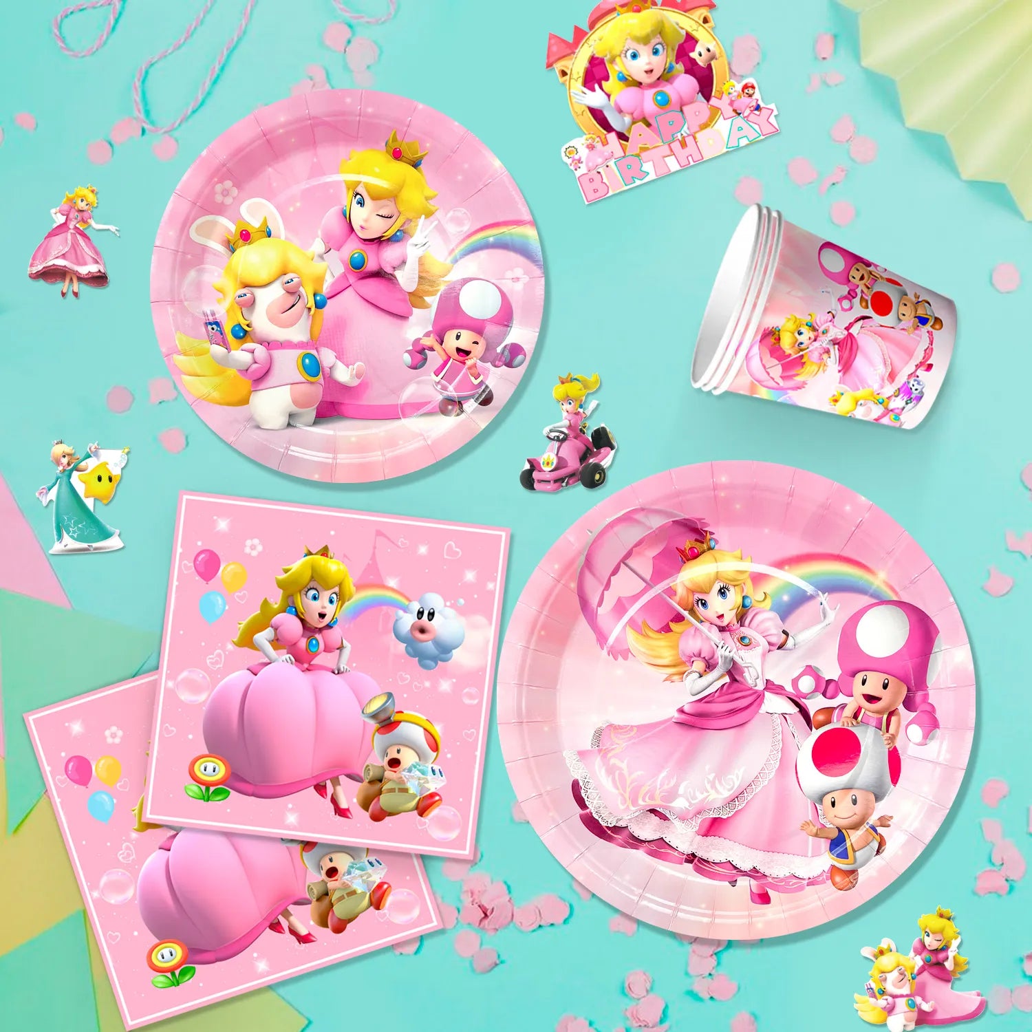 Princess Peach Birthday Party Supplies, 84pcs Princess Peach Party Decorations & Tableware Set - Princess Peach Party Plates and Napkins Cups Balloon Cake Topper etc Princess Peach Themed Supplies