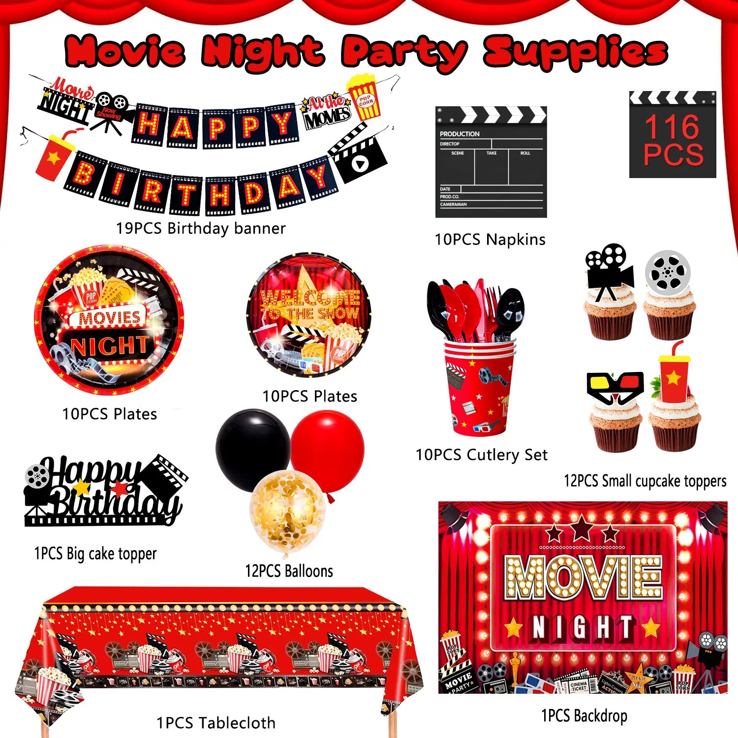 Movie Night Birthday Party Decorations, 10 Guests Movie Night Party Decorations and Tableware - Movie Night Plates Tablecloth Napkins&Movie Night Party Balloons Banner Backdrop etc Movie Night Decorations