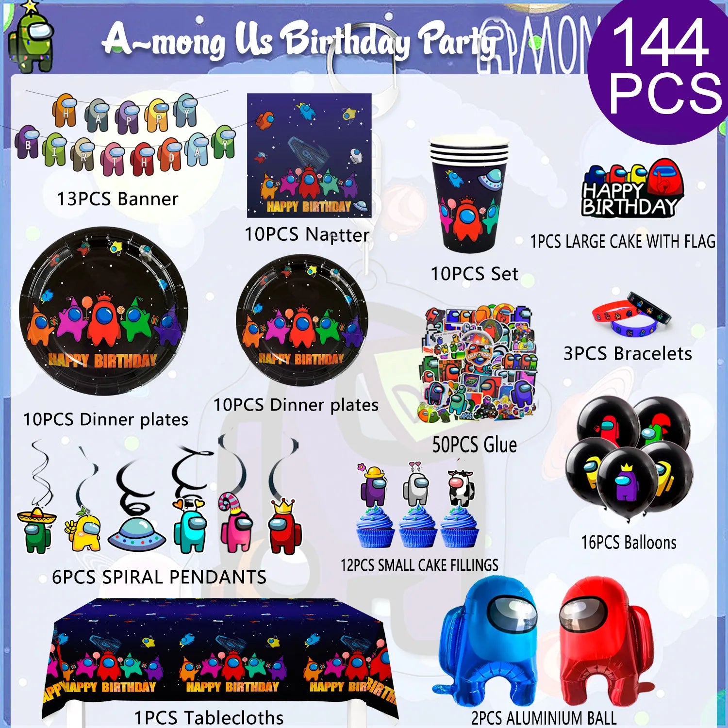 Among Us Birthday Decorations, 144pcs Among Us Party Decorations Tableware - Among Us Balloons Banner Tablecloth Paper Cups, Paper Tray, Napkins etc., Among Us Birthday Party for Boys