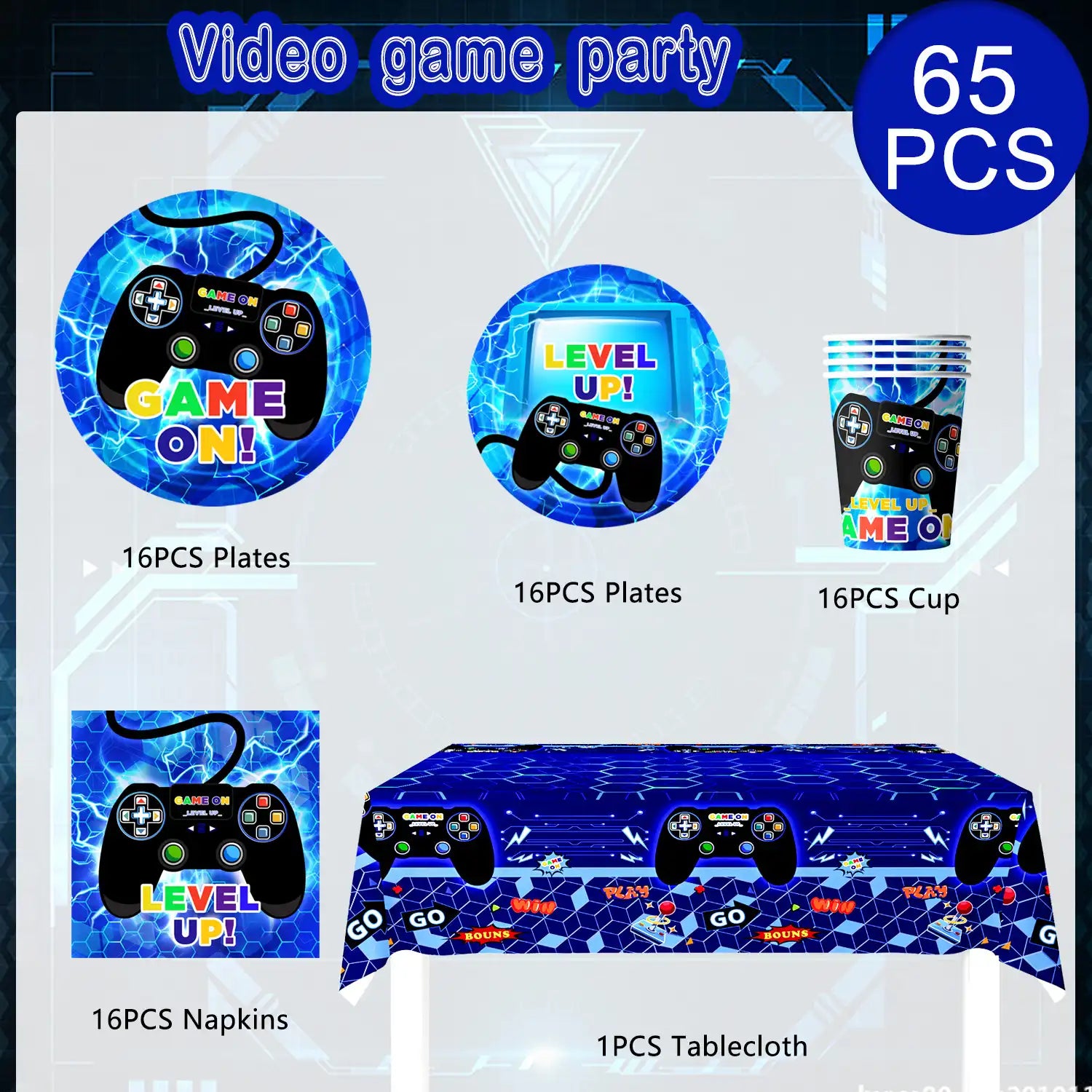 Gamer Birthday Decorations Blue, 16 Guests Gaming Party Tableware Set - Game Themed Party Plate Cups Napkins Tablecloth etc Video Game Birthday Party Supplies for Boys/Girls Kids, Serves 16