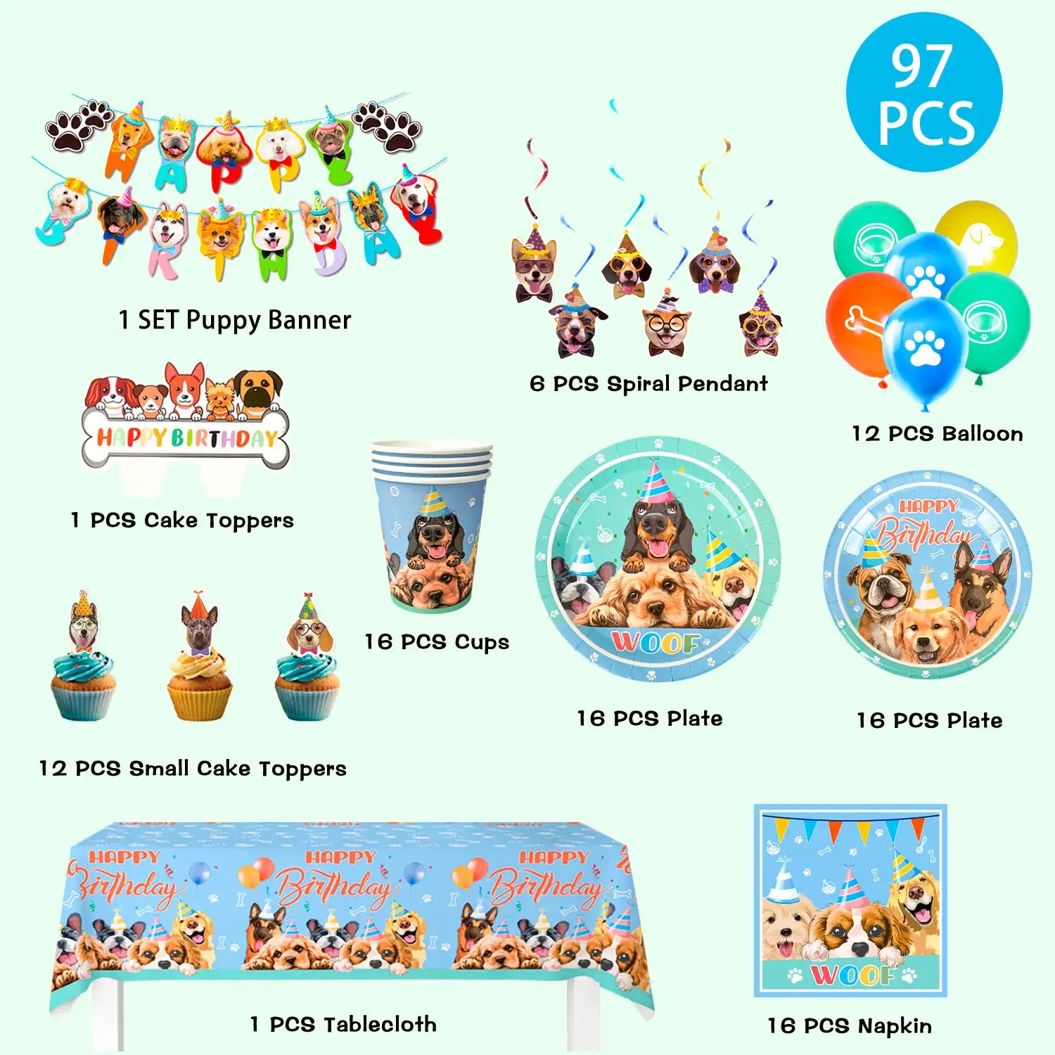 Puppy Birthday Party Supplies for Kids, 16 Guests Dog Theme Birthday Party Supplies Include Dog Party Plates Cups Napkins Tablecloth  Banner Balloon Cake Topper ect Puppy Themed Party Supplies