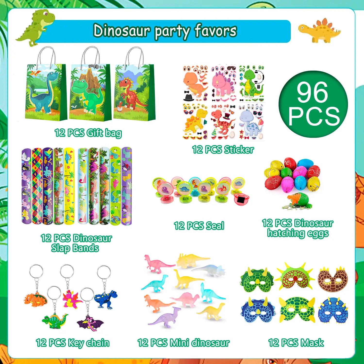 Dinosaur Party Favors for Kids, 12 Guests All-in-One Dinosaur Birthday Party Favors Set - Dino Party Favor Bags Keychains Stampers Stickers Toys Clap Bracelets etc Dinosaur Birthday Party Supplies