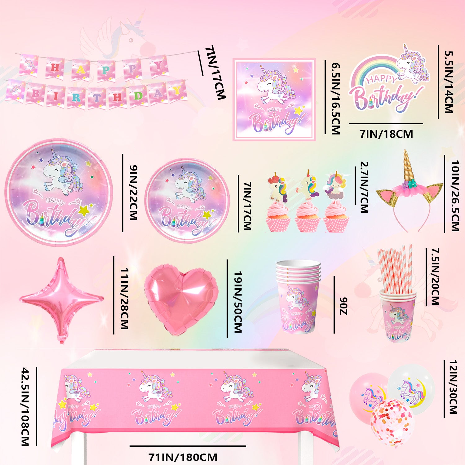 Unicorn Birthday Party  Decoration Supplies, 16 Guests Unicorn Party Tableware Set, Unicorn Paper Plates Napkins Table Cloth Balloon Banner Headband etc