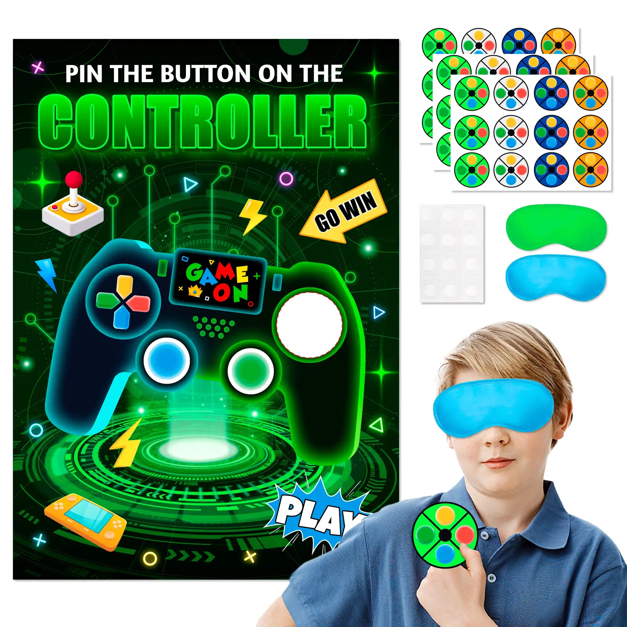 Pin The Button on The Video Game Party Game, Video Game Birthday Games Supplies - Video Game Party Game Poster, Video Game Button Sticker & Gaming Party Blindfold etc Video Game Birthday Decorations
