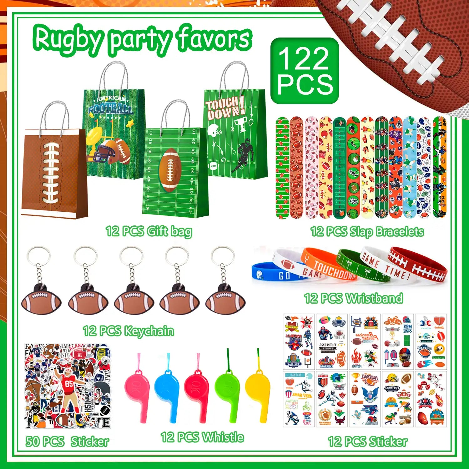 Football Party Favors for Kids,122pcs All-In-One Football Themed Party Favors Set - Football Party Bags, Football Keychains Bracelets Stickers Whistle etc Rugby Party Favors for Football Party Decor