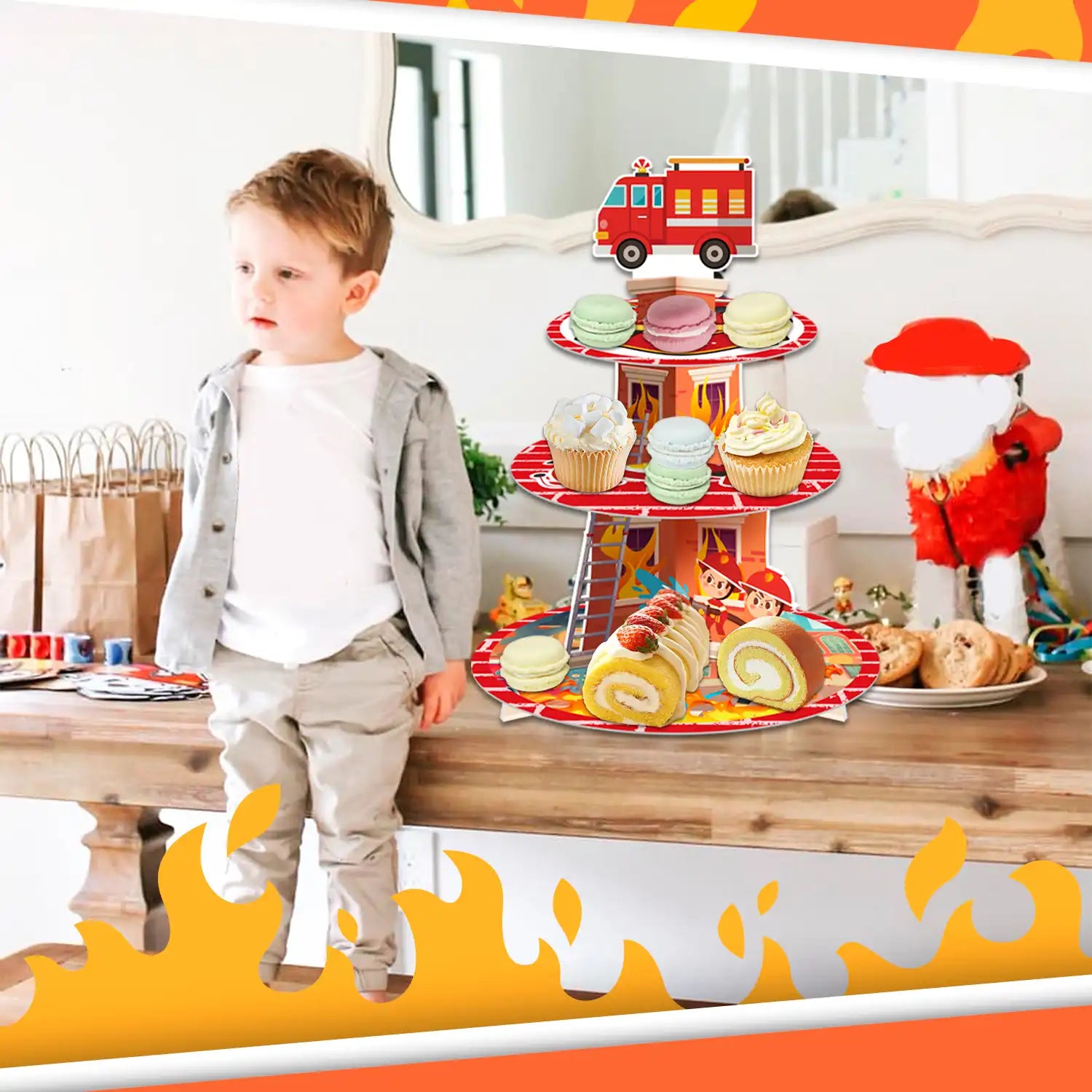 Firefighter Party Decoration Cupcake Stand, Firefighter Birthday Party Decorations - 3 Tier Fire Truck Cupcake Tower, Fire Fighter Theme Cake Holder Dessert Stand for Firetruck Birthday Decorations