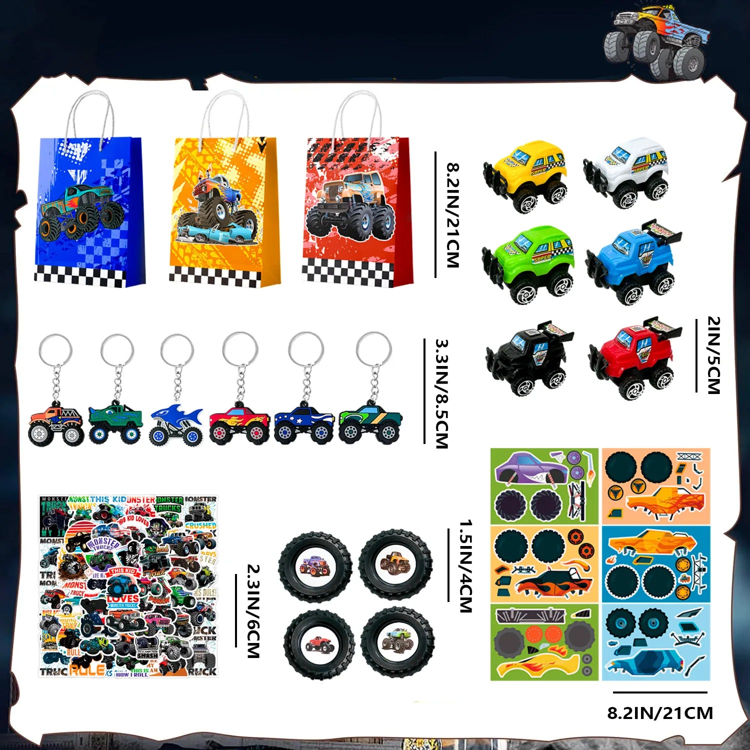 Monster Truck Favors, 110pcs All-In-One Mini Monster Trucks Party Favors Pack Including Monster Truck Theme Keychain Bags Stickers Toys Ring etc Monster Truck Birthday Party Favors for Boys Kids