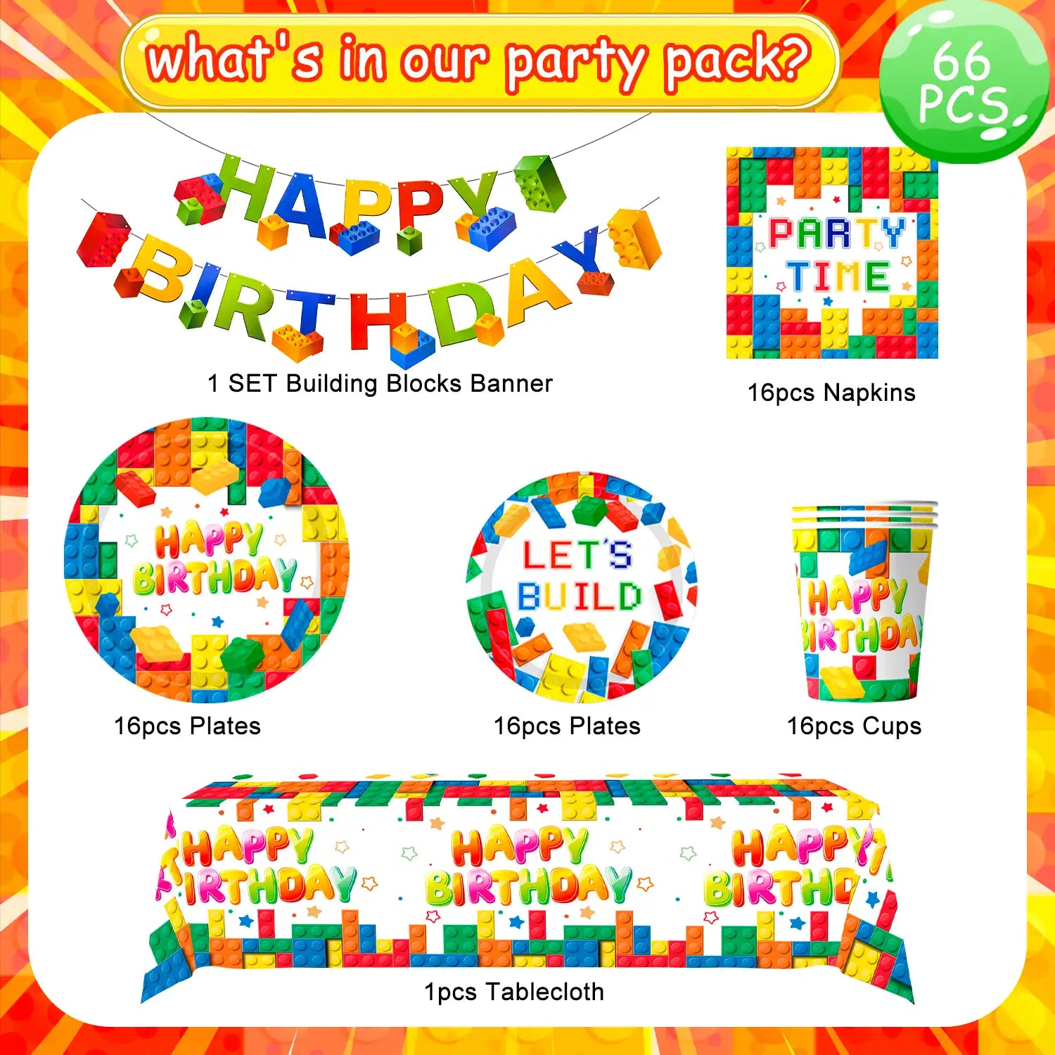 Building Blocks Birthday Party Supplies-16 Guests Building Blocks Party Tableware set-Building Block Party Plates Napkins Tablecloth Banner etc Colorful Building Block Party Supplies for kids Boys/Girls