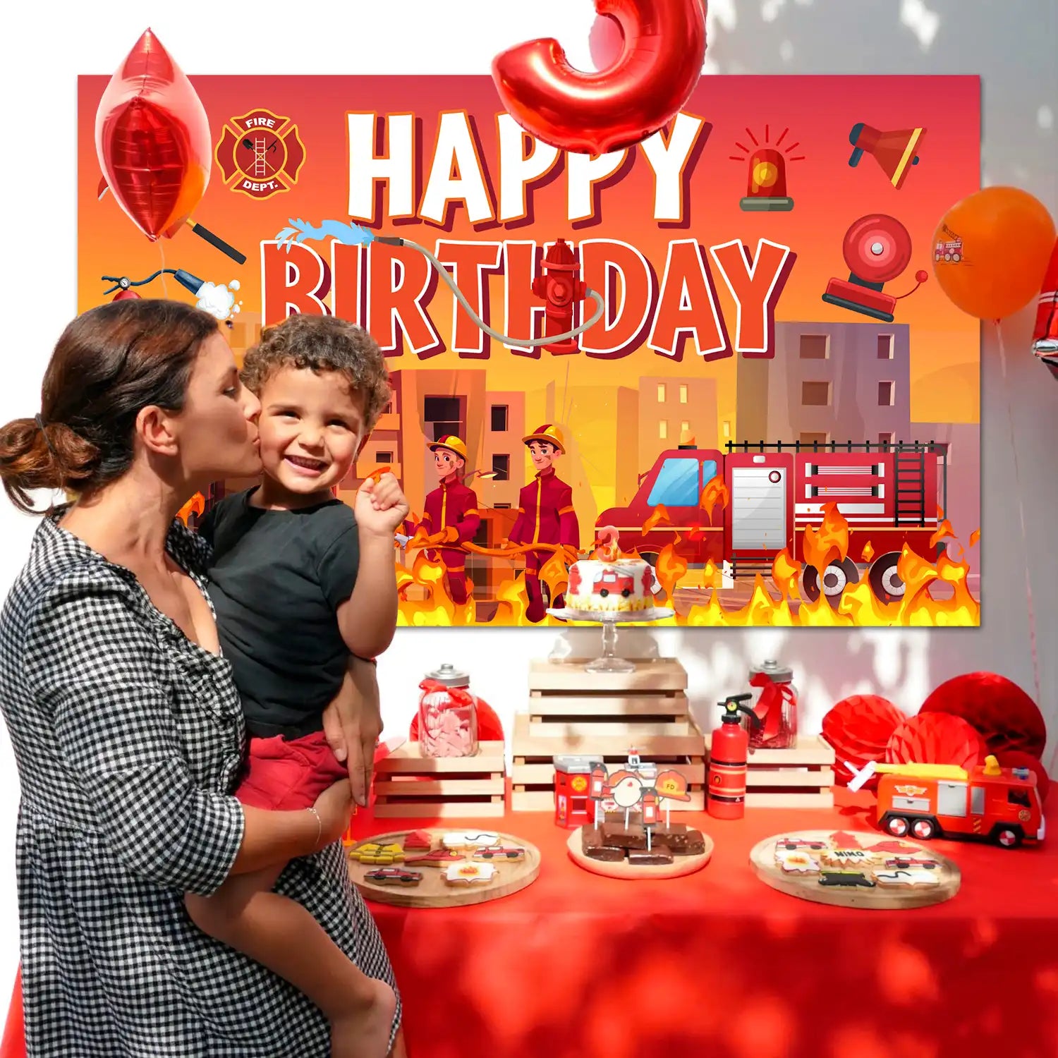 Fire Truck Birthday Backdrop, 70.8''x43.3'' Fireman Birthday Party Backdrops, Firetruck Themed Birthday Background & Firetruck Happy Birthday Backdrop for Firetruck Birthday Decorations Supplies