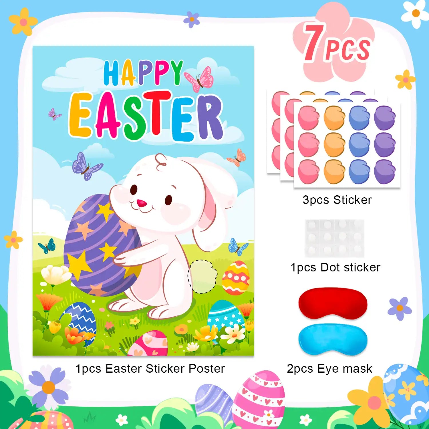 Pin The Tail on The Bunny Easter Games, 7 Pcs Pin The Tail on The Bunny Game Supplies - Easter Games Poster, Bunny Tail Easter Stickers & Easter Party Blindfold etc Easter Party Decorations Supplies