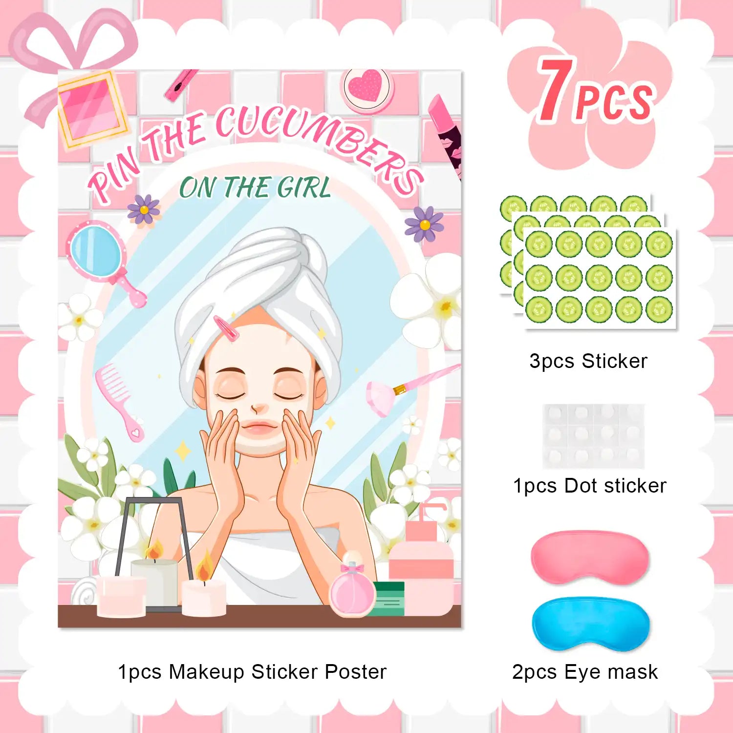 Spa Party Games, 7pcs Pin The Cucumber on The Girl Set - Spa Game Poster, Cucumber Stickers & Spa Birthday Party Decorations Blindfold for Women Kids Spa Party Supplies