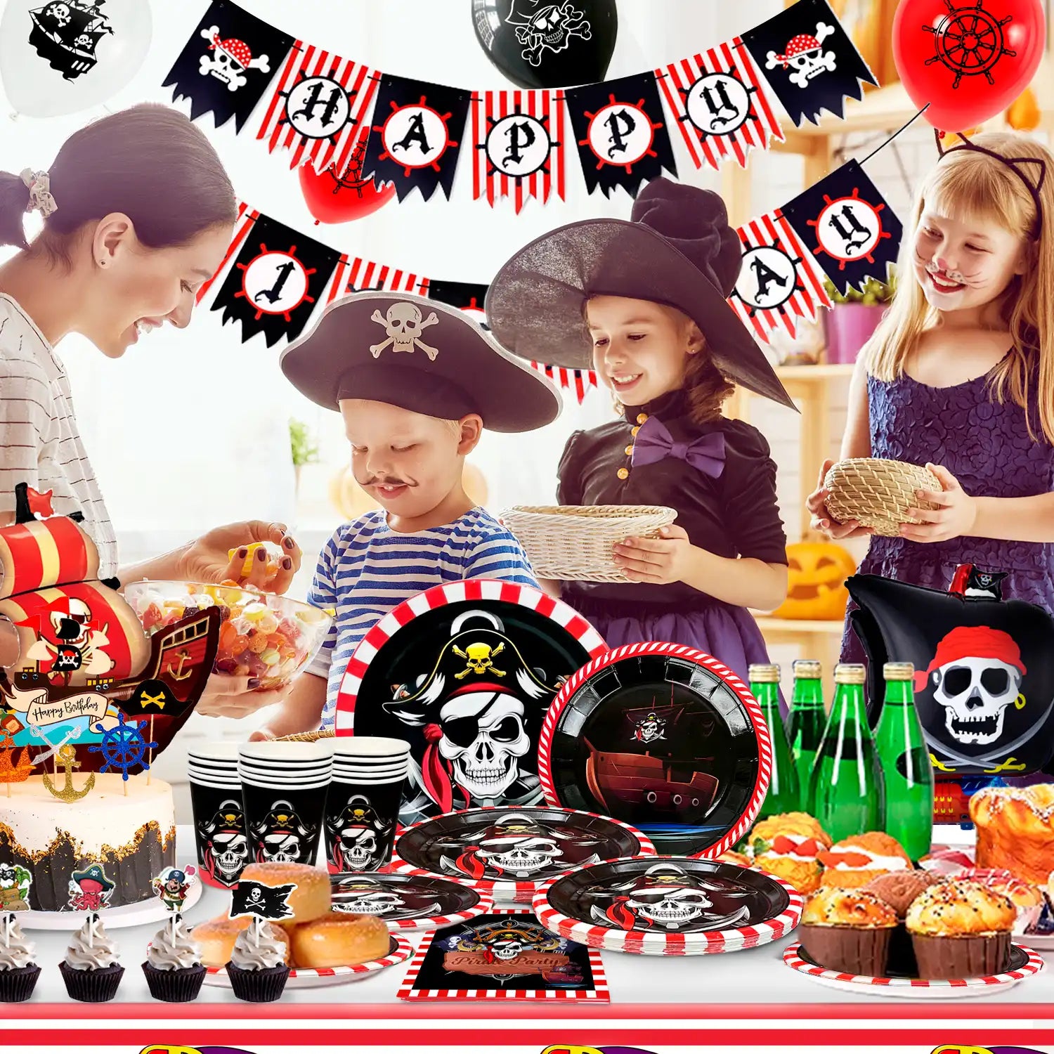 Pirate Birthday Party Supplies,113Pcs Pirate Party Decorations & Tableware Set - Pirate Birthday Banner Balloons Tablecloth Plates Cups Napkins ect, Pirate Halloween Themed Birthday Decorations