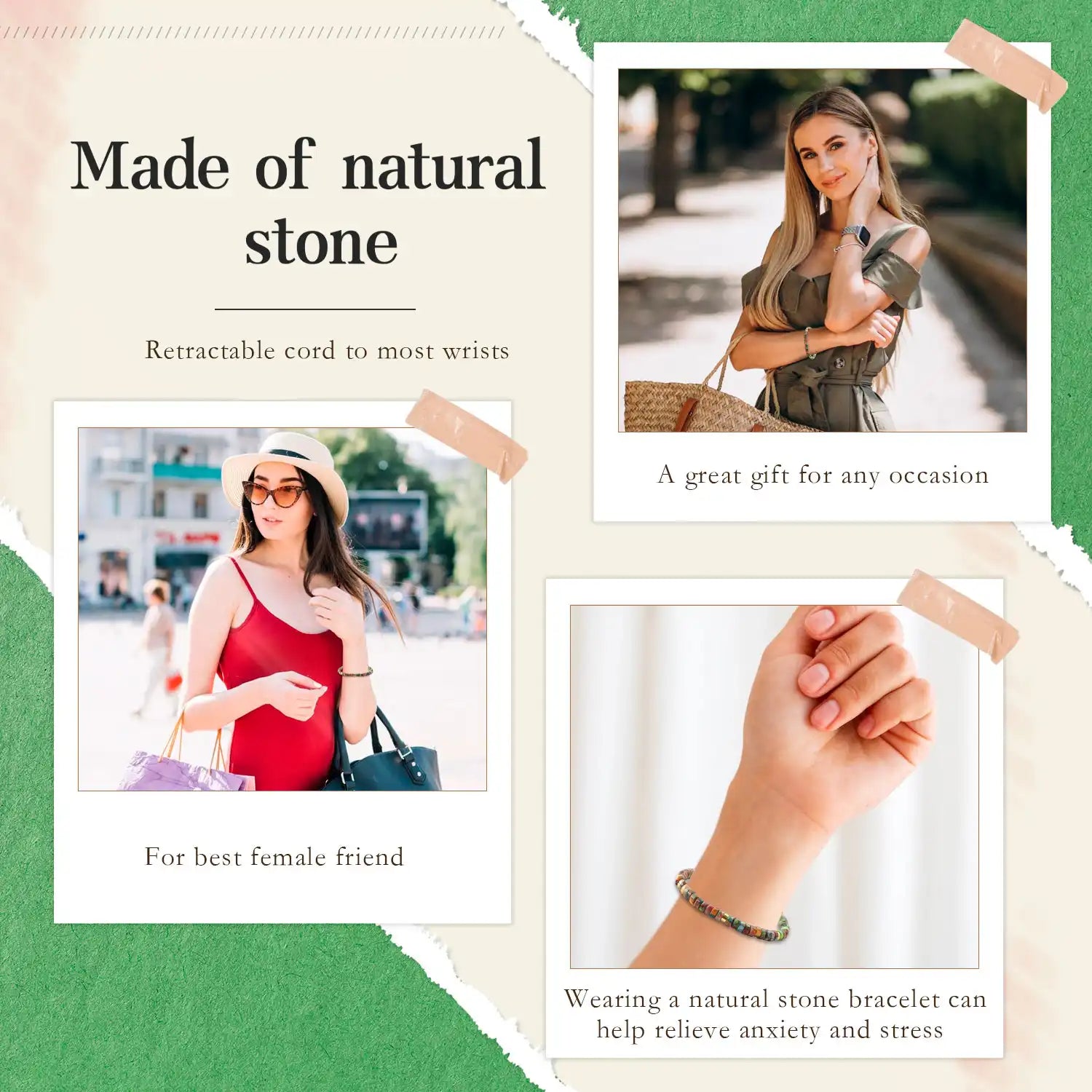 Natural Stone Bracelets, 3-6'' Adjustable Natural Crystal Bracelets Gemstones Beaded Stretch Bracelet Healing Crystal Bracelet Semi-Precious Stretch Bracelet, Inspirational Bracelets for Women