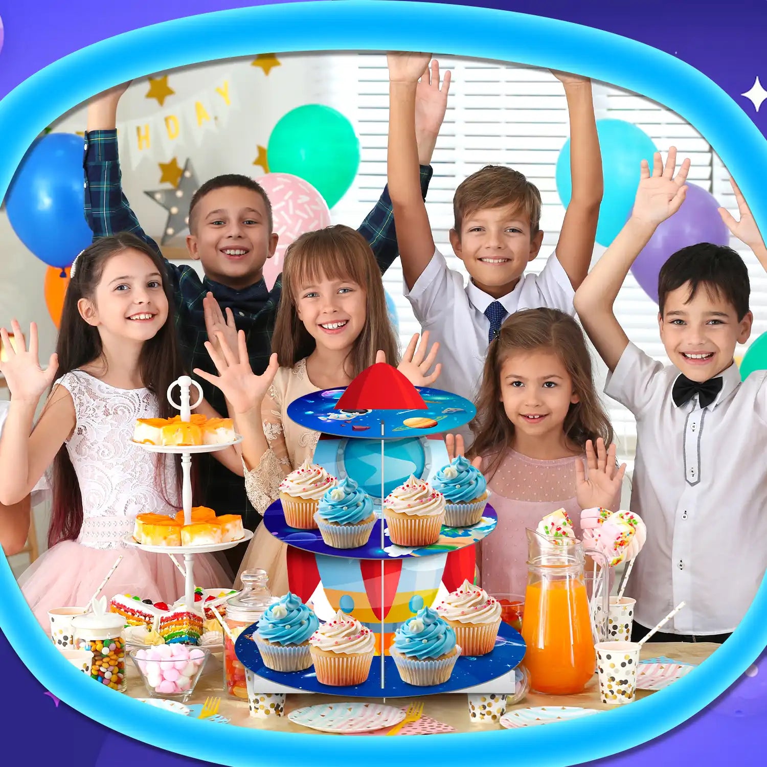 Space Cupcake Stand, 3 Tiers Space Theme Cupcake Stand, Space Cupcake Holder & Space Theme Dessert Tower, for Boys/Girls Space Themed Party Decorations & Outer Space Birthday Decorations