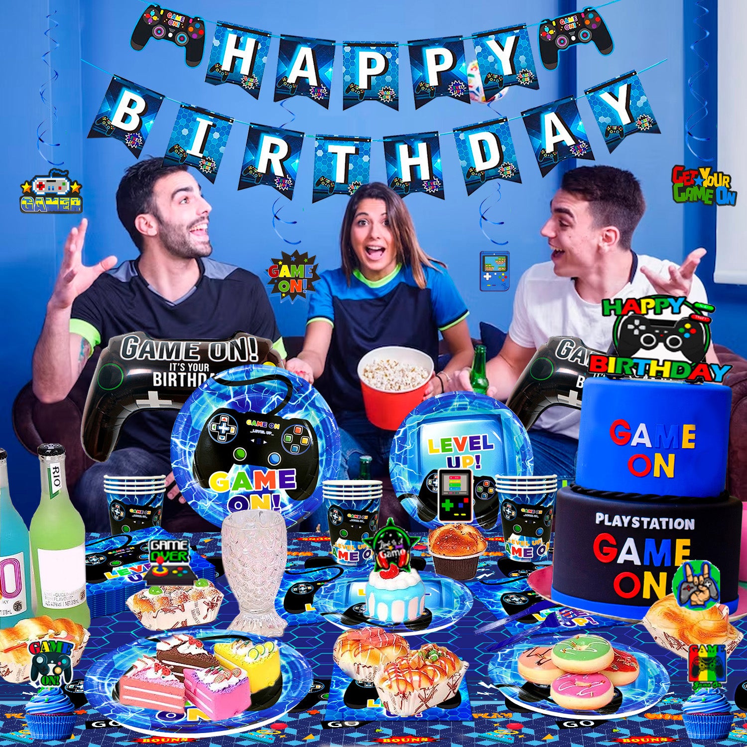Video Game Birthday Decorations for 16 Guests, Video Game Party Decorations Tableware Set, Video Gaming Party Plates Cups Napkins Tablecloth Balloons Banner Hanging Swirls etc Video Gamer Party Supplies (Blue)