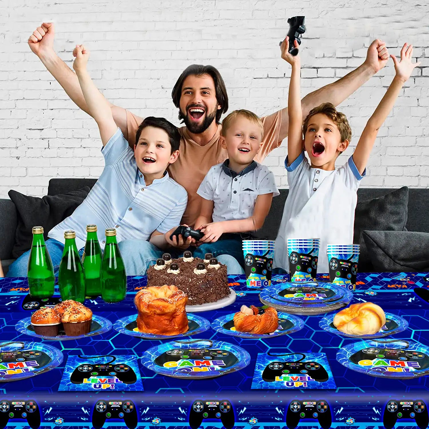 Gamer Birthday Decorations Blue, 16 Guests Gaming Party Tableware Set - Game Themed Party Plate Cups Napkins Tablecloth etc Video Game Birthday Party Supplies for Boys/Girls Kids, Serves 16