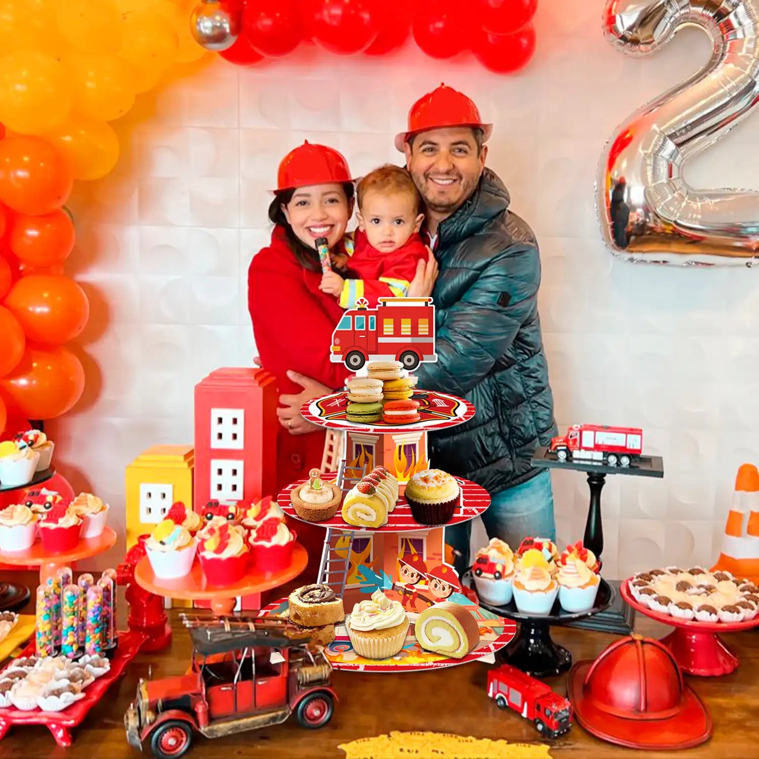 Firefighter Party Decoration Cupcake Stand, Firefighter Birthday Party Decorations - 3 Tier Fire Truck Cupcake Tower, Fire Fighter Theme Cake Holder Dessert Stand for Firetruck Birthday Decorations