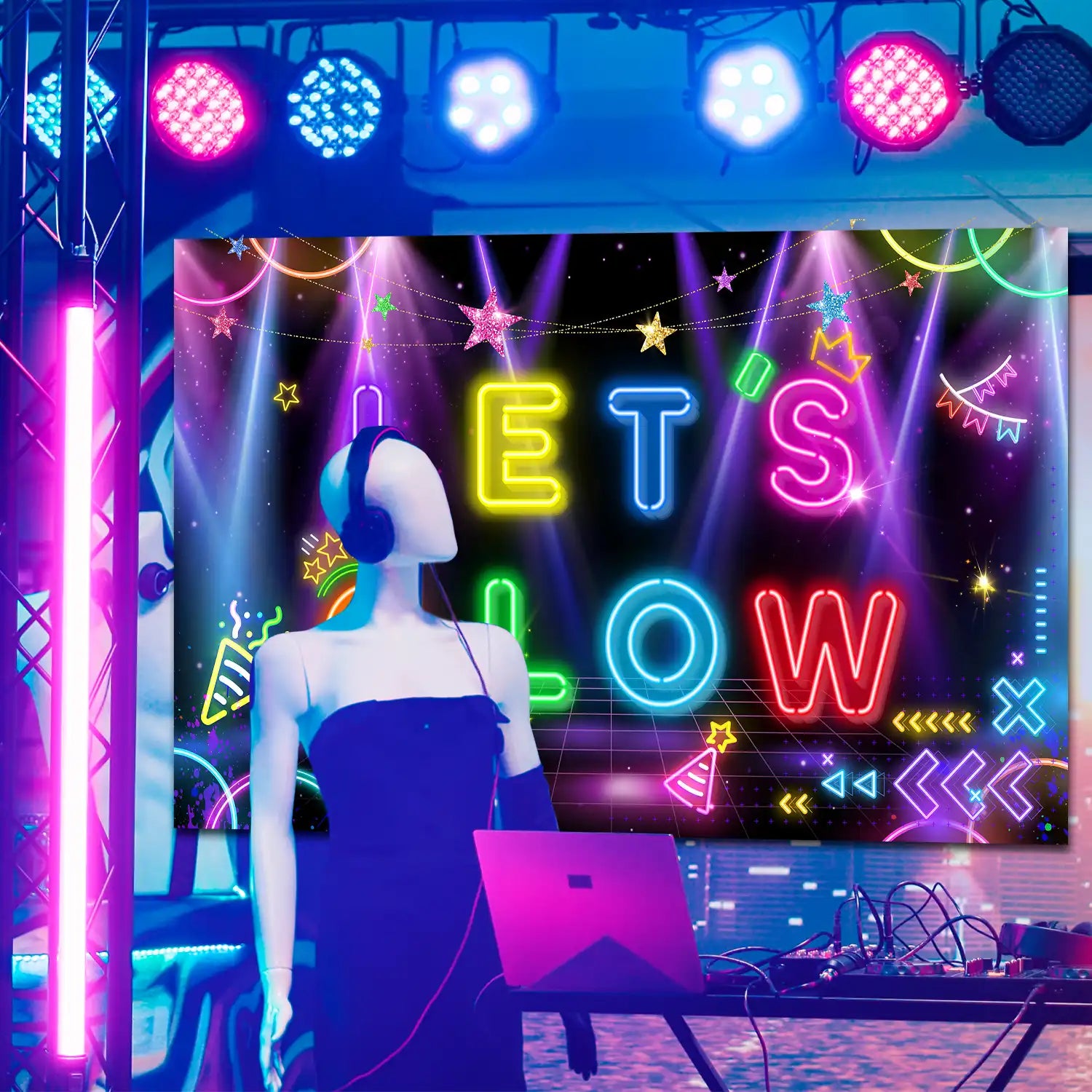 Neon Let's Glow Party Backdrop, 180x110 CM Lets Glow Backdrop, Glow in The Dark Backdrop & Neon Backdrop for Glow Party, for Lets Glow Party Decorations & Neon Birthday Party Decorations