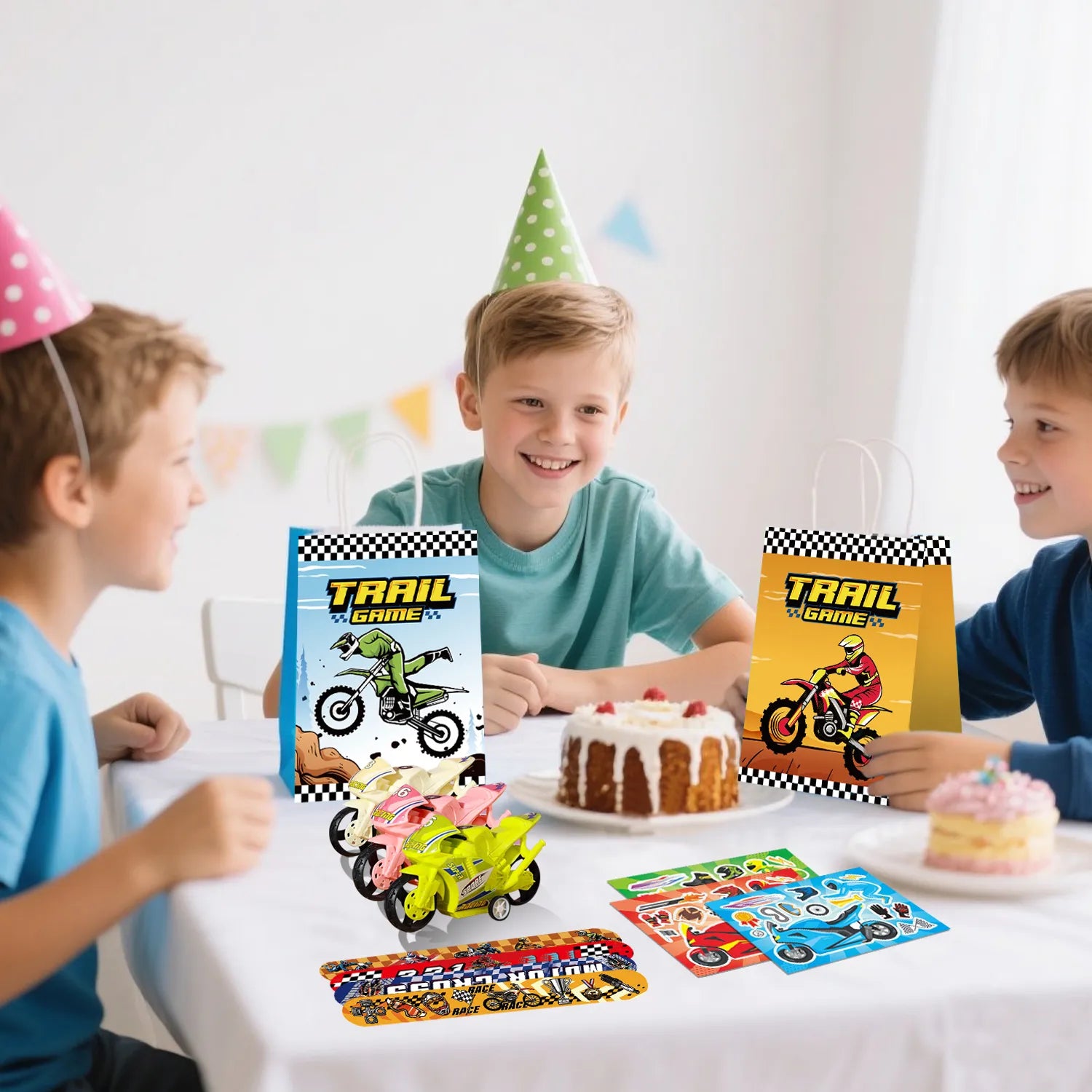 Motorcycle Party Favors, 110pcs Motocross Birthday Party Favors Set - Dirtbike Birthday Goodie Bag Slap Bracelets Stampers & Make Your Own Motorcycle Stickers etc Motocross Birthday Favors