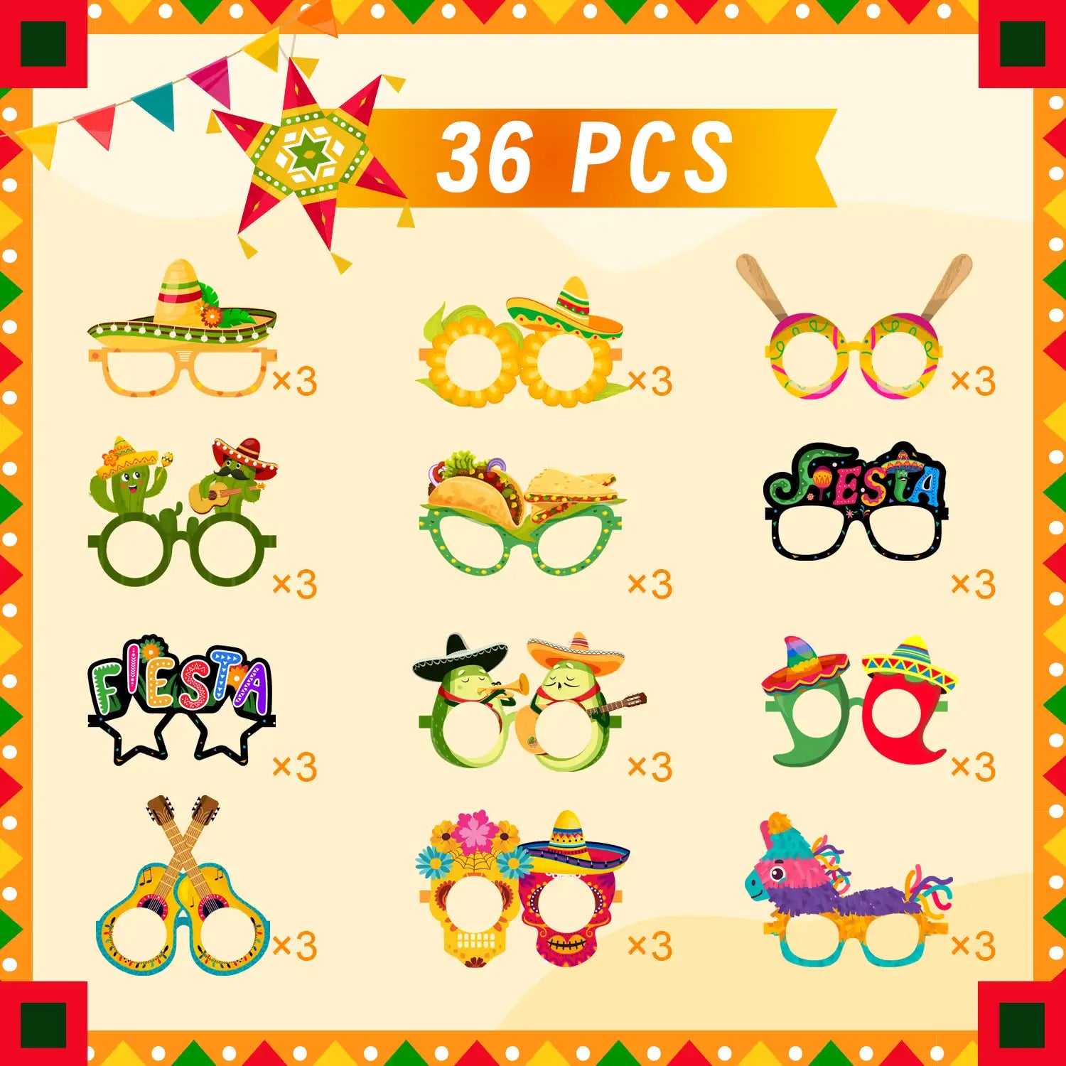 Mexican Fiesta Party Glasses, 36 Pcs Mexican Party Paper Glasses Set - Fiesta Paper Eyeglasses, Mexican Fiesta Eyeglasses & Cinco De Mayo Paper Glasses for Mexican Birthday Party Decorations