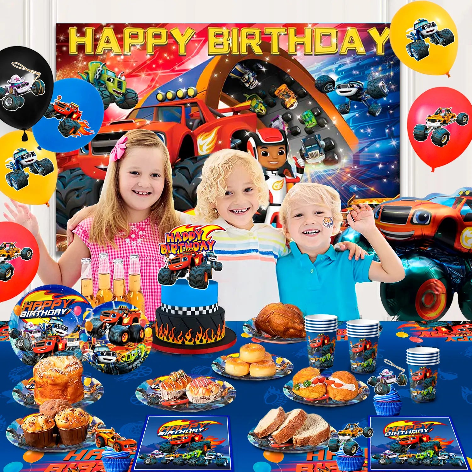 Monster Truck Party Supplies, 16-Person Monster Truck Birthday Decorations&Tableware Set-Monster Truck Birthday Plates Cups Tablecloth& Monster Truck Balloon Backdrop etc Blaze Party Decorations for Kids