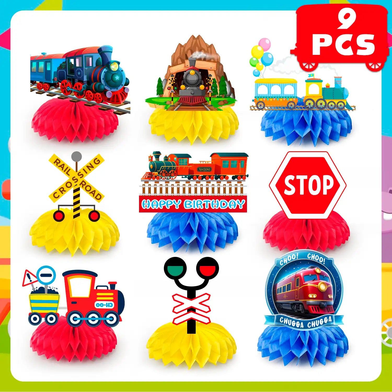 Train Honeycomb Centerpiece, 9 Guests Train Party Decorations Honeycomb Centerpieces Kit- Train Party Honeycomb Centerpiece&Train Birthday Honeycomb Centerpieces for Chugga Chugga Two Two Party Decorations