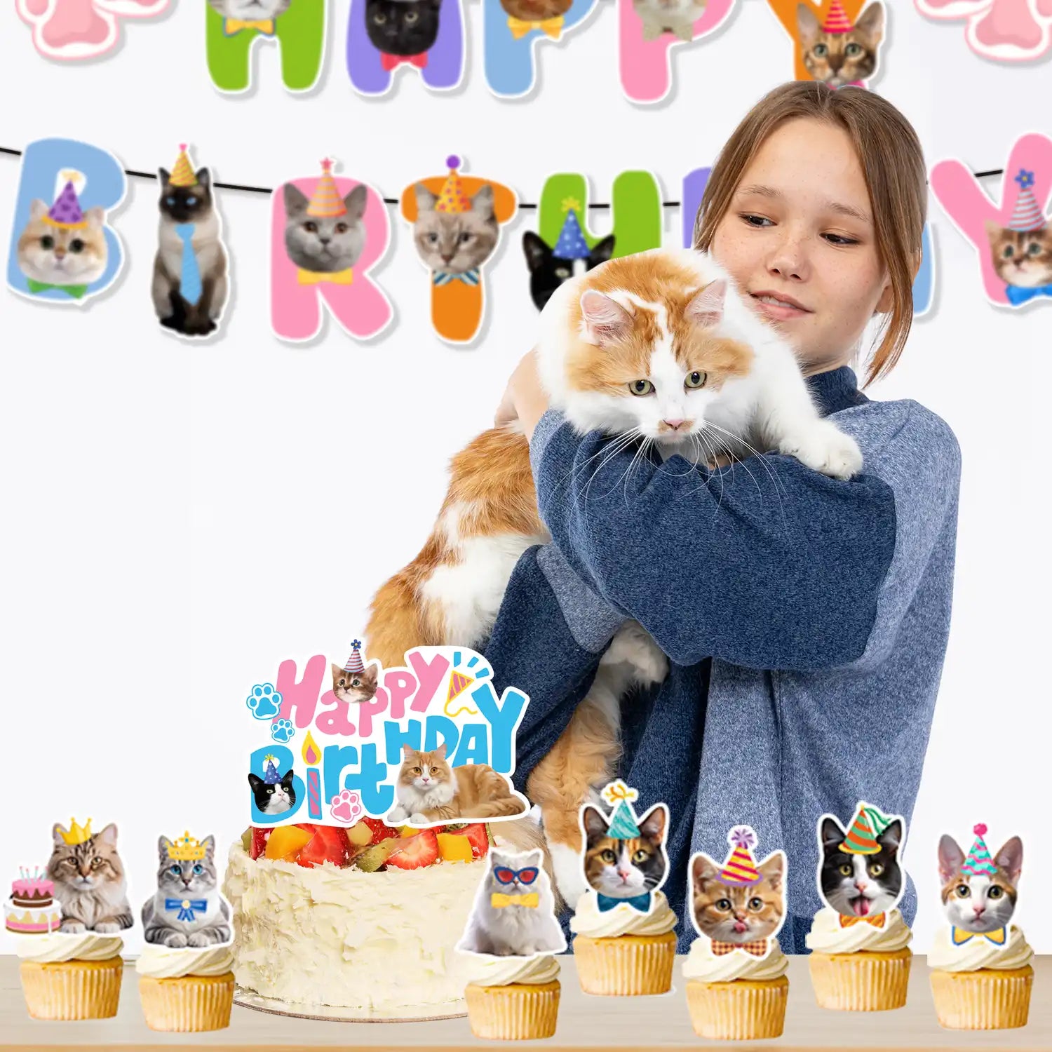 Cat Cake Toppers, 24 Pcs Cat Cupcake Toppers Kitten Theme Cupcake Topper + 1 Pcs Cat Birthday Cake Topper Cat Cake Decorations for Cat Birthday Decorations & Cat Party Decorations