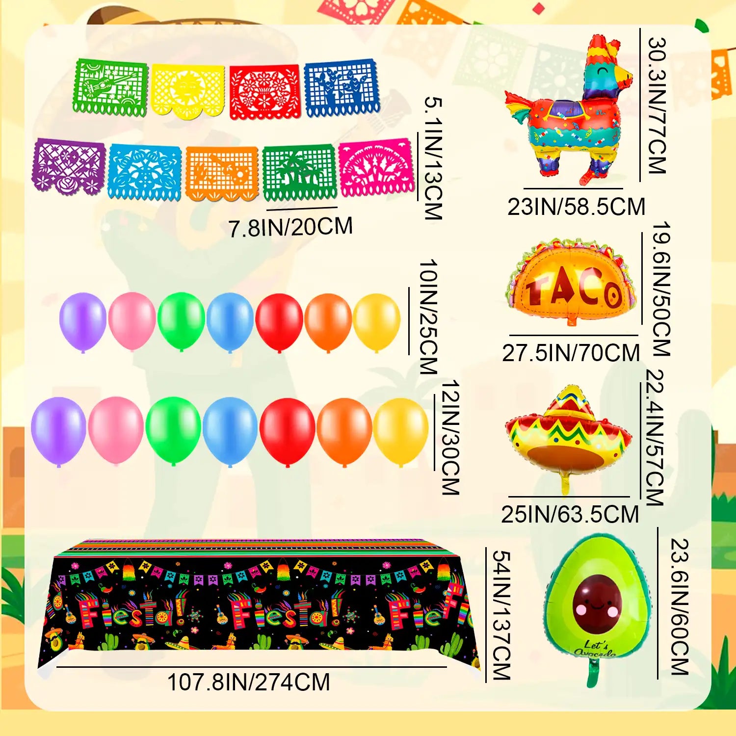 Mexican Fiesta Decorations, 62pcs Cinco De Mayo Decorations Set - Mexican Fiesta Balloon Banner & Mexican Fiesta Party Tablecloth etc Mexican Theme Party Decorations Supplies