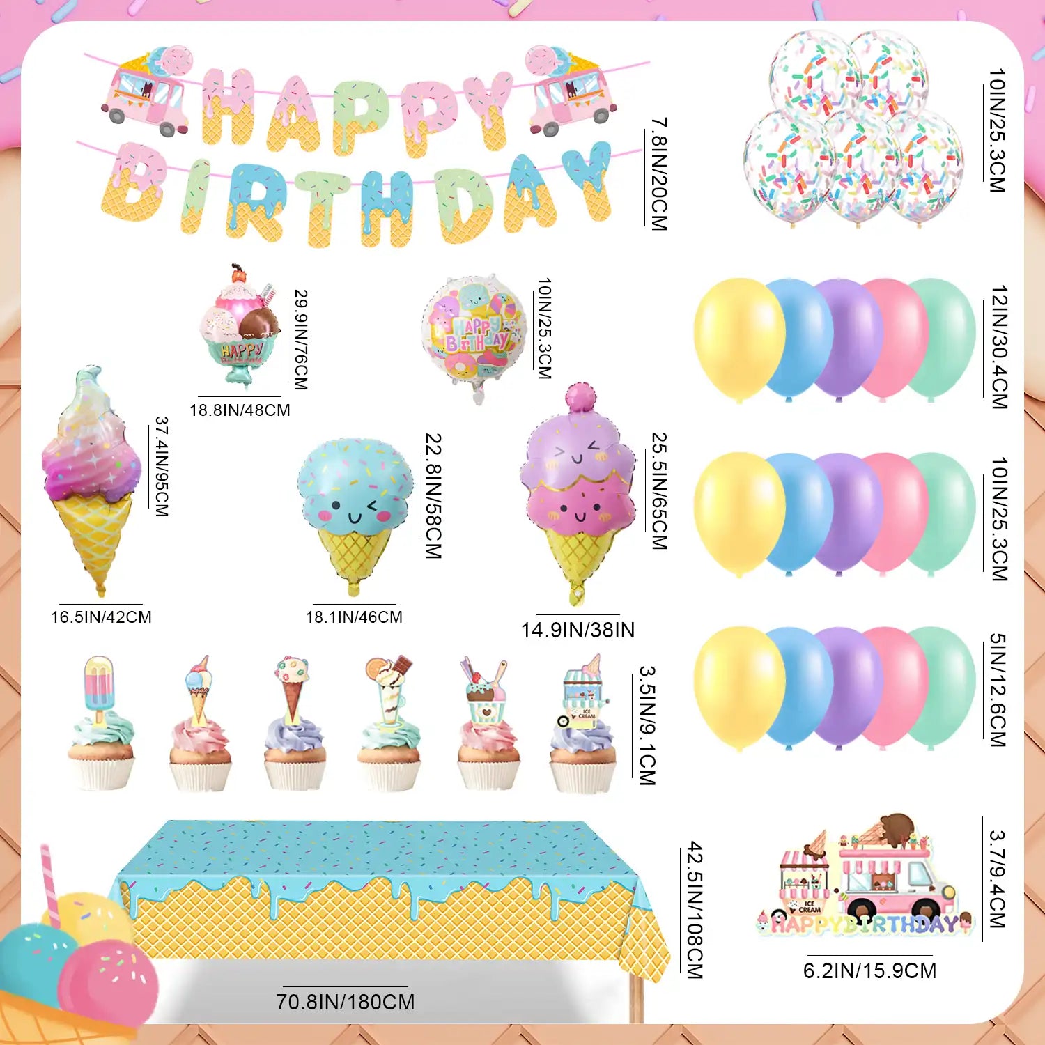 80pcs Ice Cream Birthday Party Decorations, Pastel Ice Cream Balloons Garland Arch Kit Tablecloth Candy Long Strip Balloon Cake Toppers Two Sweet Ice Cream Birthday Party Decorations