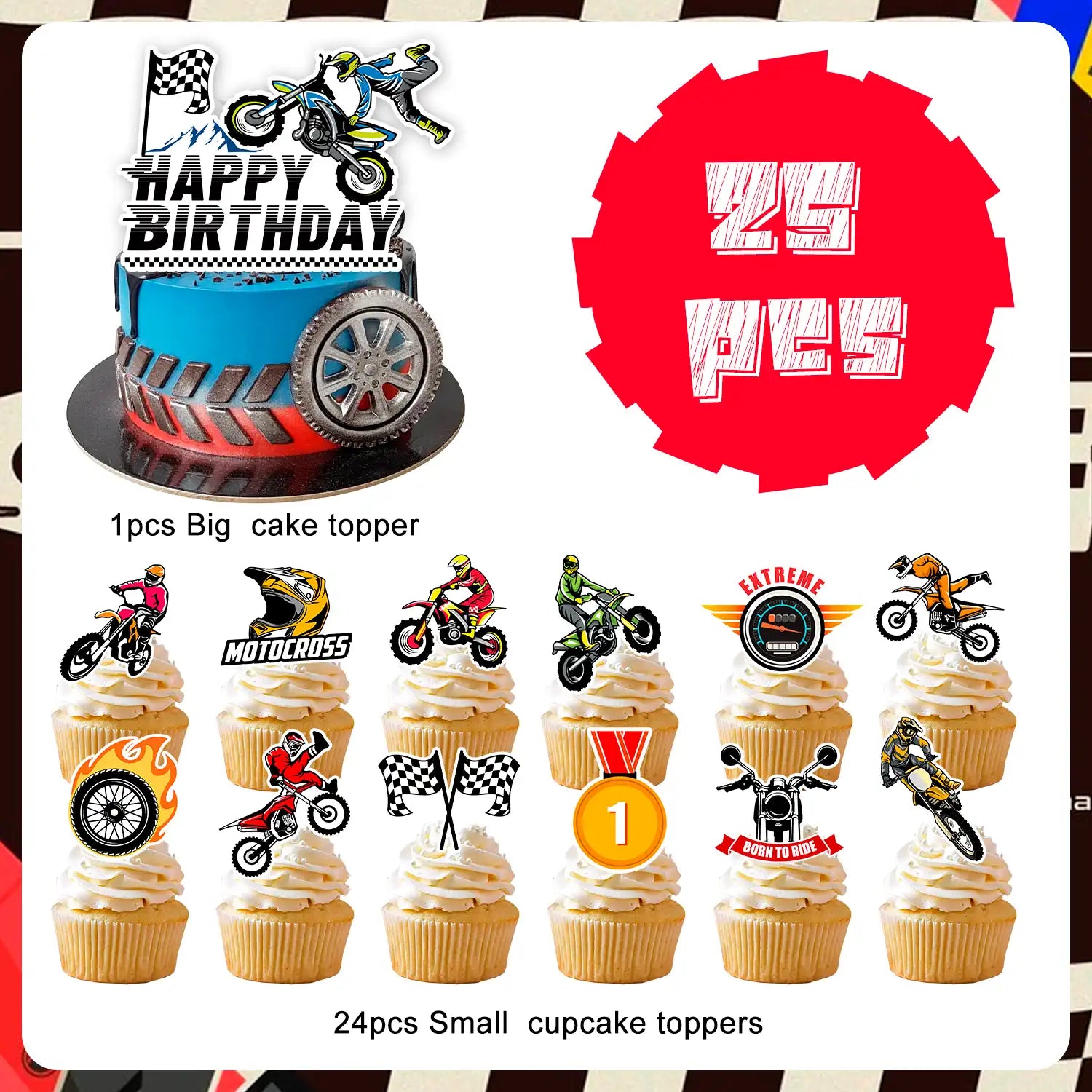 Motorcycle Cake Topper, 24 Pcs Motorcycle Cupcake Toppers/Dirtbike Cupcake Toppers + 1 Pcs Dirt Bike Cake Topper/Motorcycle Birthday Cake Decorations, for Dirt Bike Birthday Party Decorations Supplies