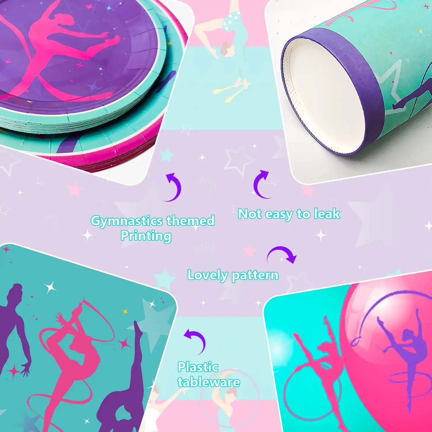 Gymnastics Birthday Party Supplies, 16 Guests Gymnastics Party Decorations&Tableware Kit - Gymnastics Plates and Napkins Cups Tablecloth Balloons Banner etc Gymnastics Decorations for Birthday Party
