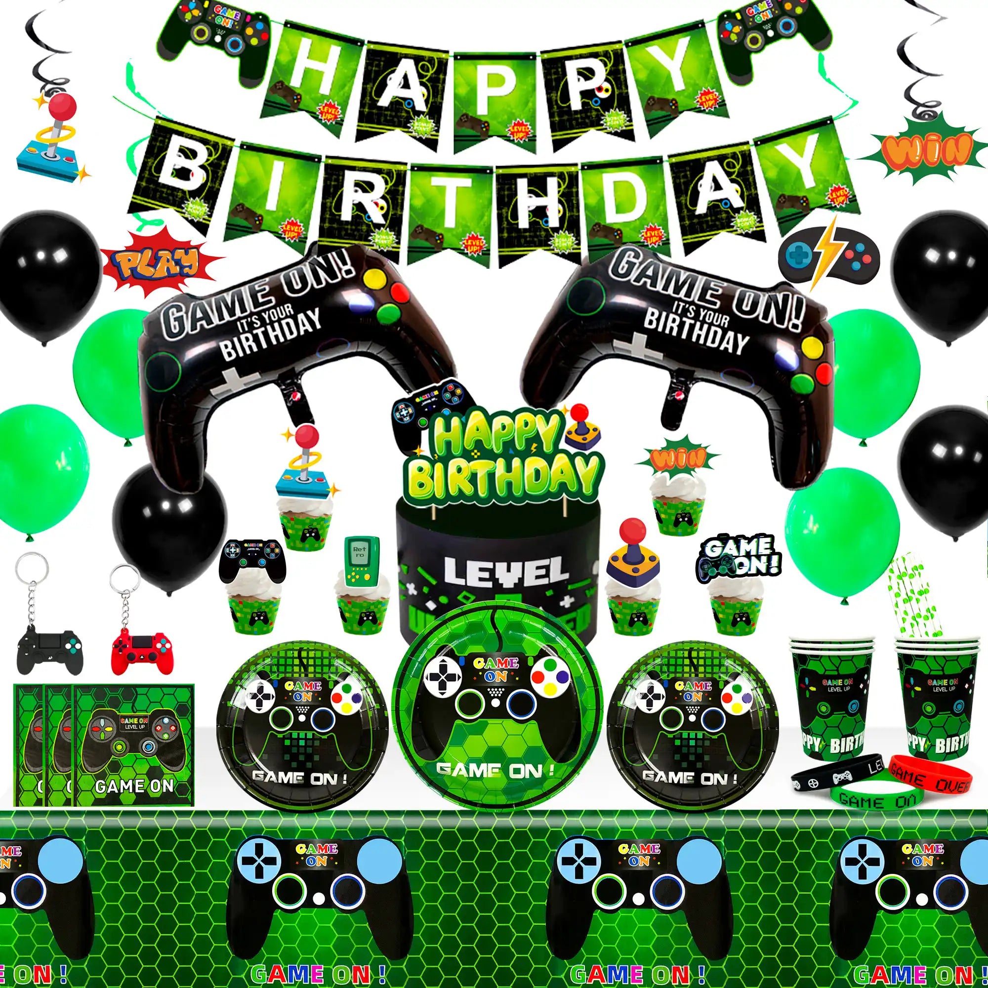 Gaming Birthday Party Supplies for Boys,132pcs Video Game Party Decorations&Tableware Set - Gaming Decorations Plates Cups Tablecloth Balloons Banner Cake Topper etc Game On Birthday Party Supplies