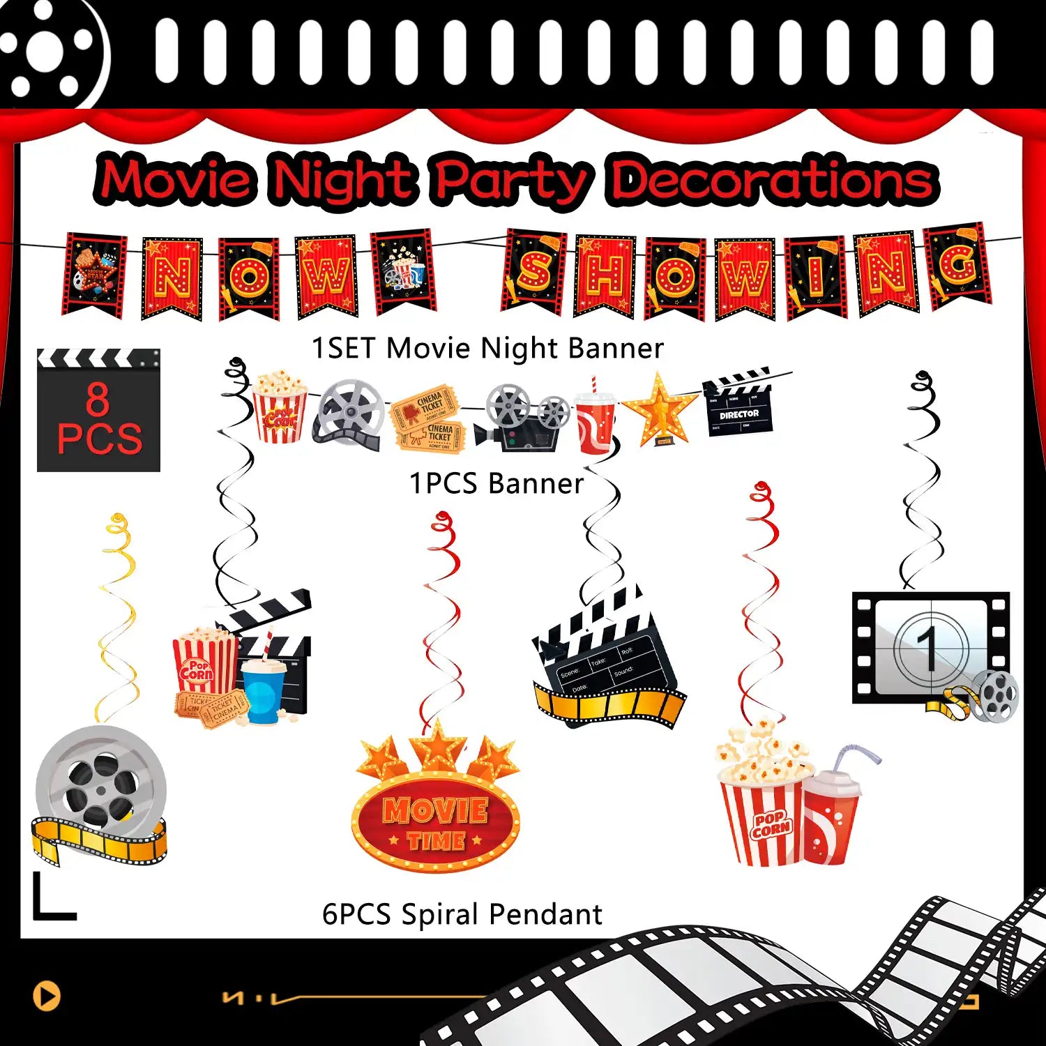 Movie Night Party Swirl Banner, 8pcs Movie Night Birthday Party Decorations Set - Movie Night Hanging Swirl & Movie Night Now Showing Banner for Movie Theme Party Decorations & Movie Night Decorations