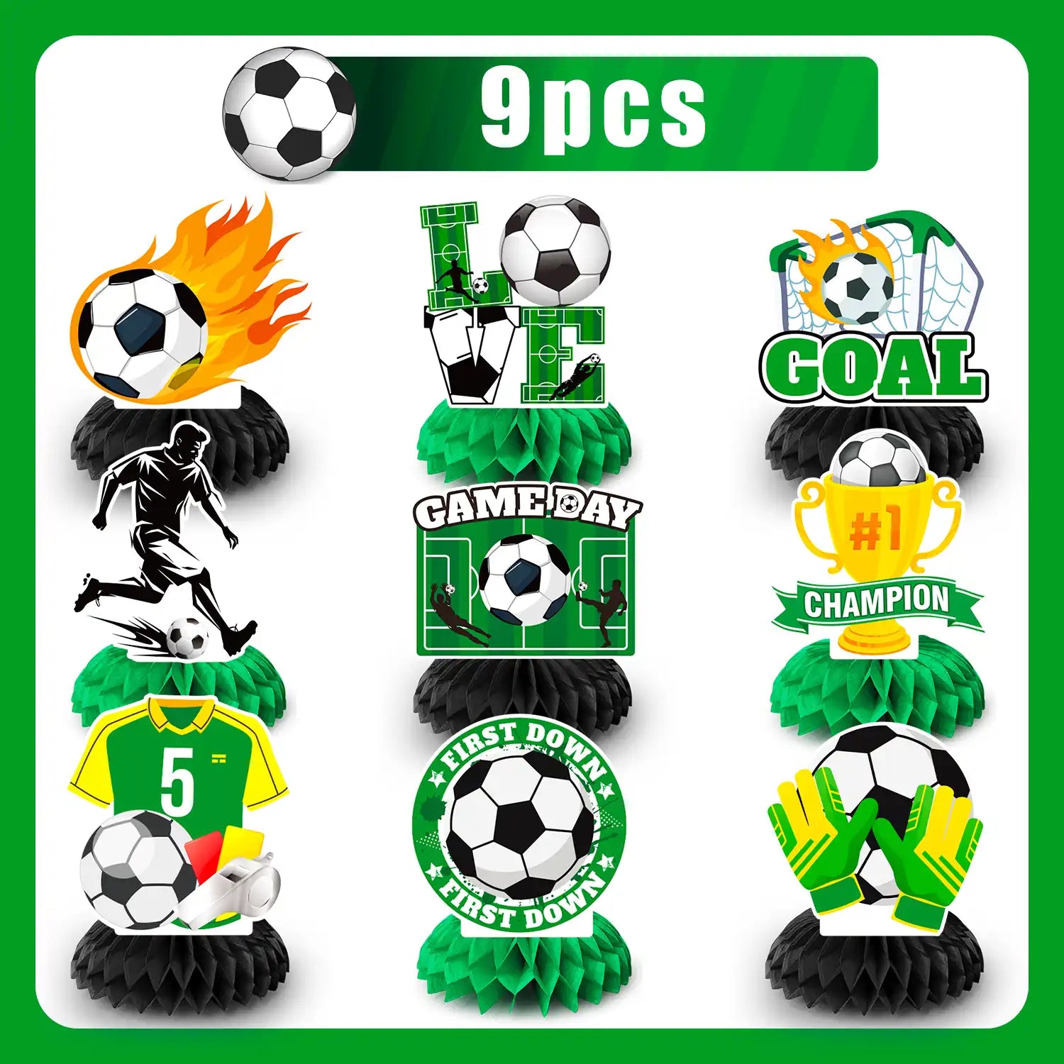 Soccer Honeycomb Centerpieces, 9 Pcs Soccer Ball Honeycomb Centerpiece/Soccer Theme 3D Centerpieces/Soccer Centerpieces for Table for Soccer Birthday Party Decorations & Soccer Theme Party Decorations