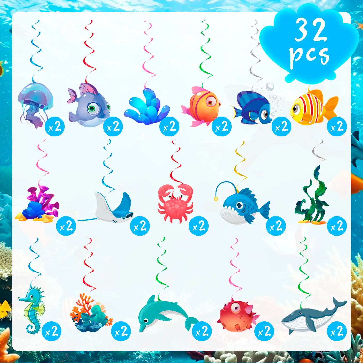 Sea Animals Hanging Swirl Decorations, 32 Pcs Under Sea Hanging Swirls Decoration, Ocean Ceiling Hanging Swirls & Undersea Spiral Decoration, for Ocean Theme Party & Under the Sea Party Decorations
