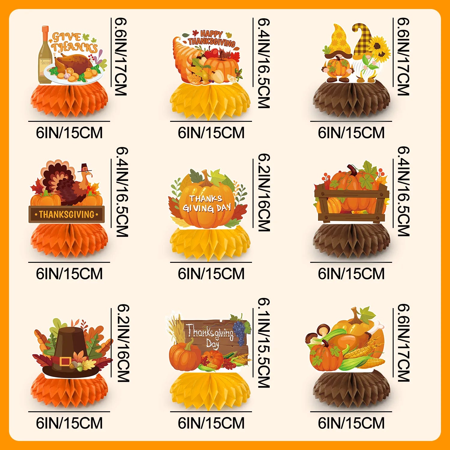 Thanksgiving Honeycomb Centerpieces, 9 Pcs Thanksgiving Party Honeycomb Centerpieces, Friendsgiving Honeycomb Centerpieces and Autumn Honeycomb Centerpieces, for Thanksgiving Party Decorations Supplies