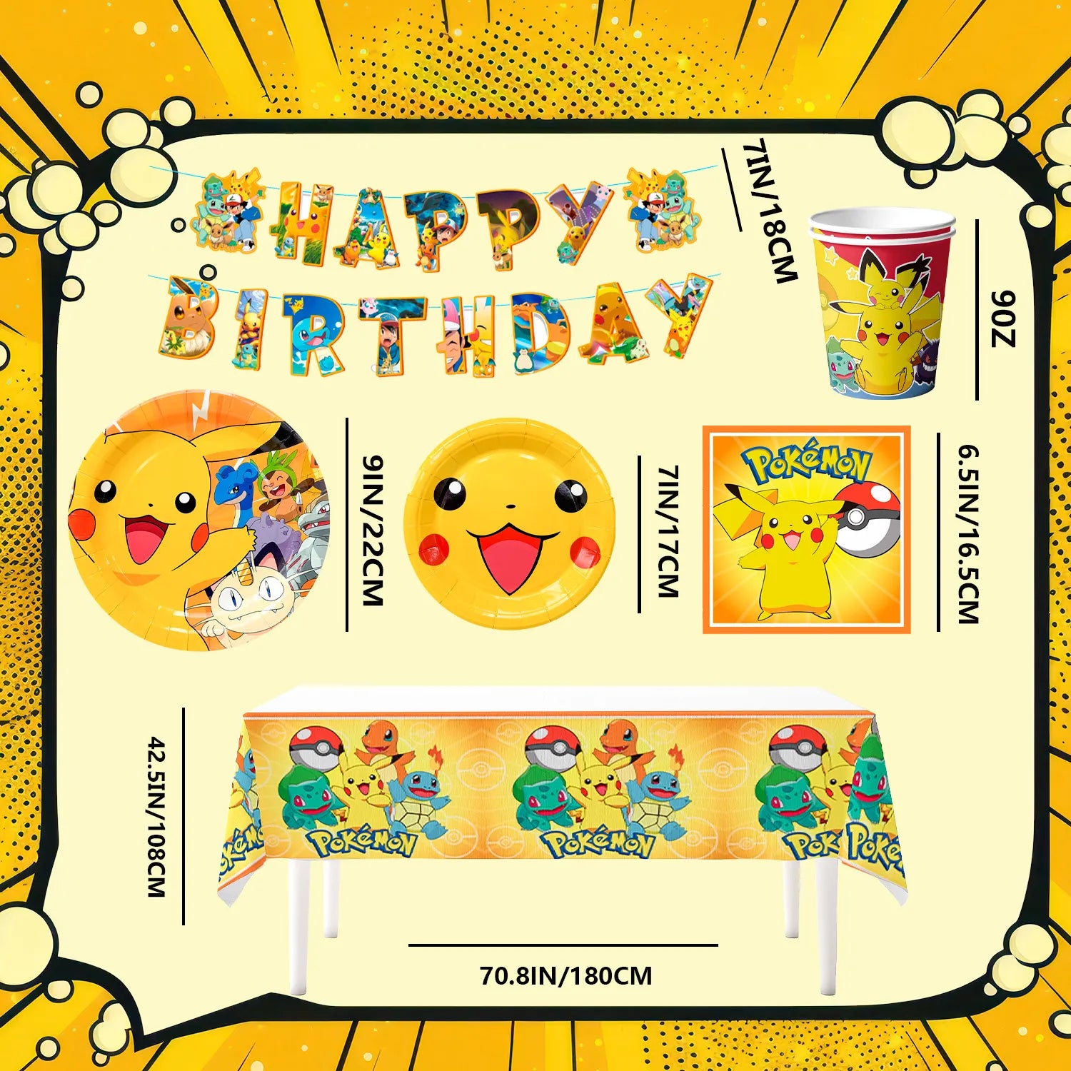 Pokemon Theme Birthday Party Decoration Tableware Set, 66Pcs Pokemon Party Supplies Tableware - Pokemon Table Cloth Banner Plates Napkins Cups for Pokemon Birthday Party Decorations
