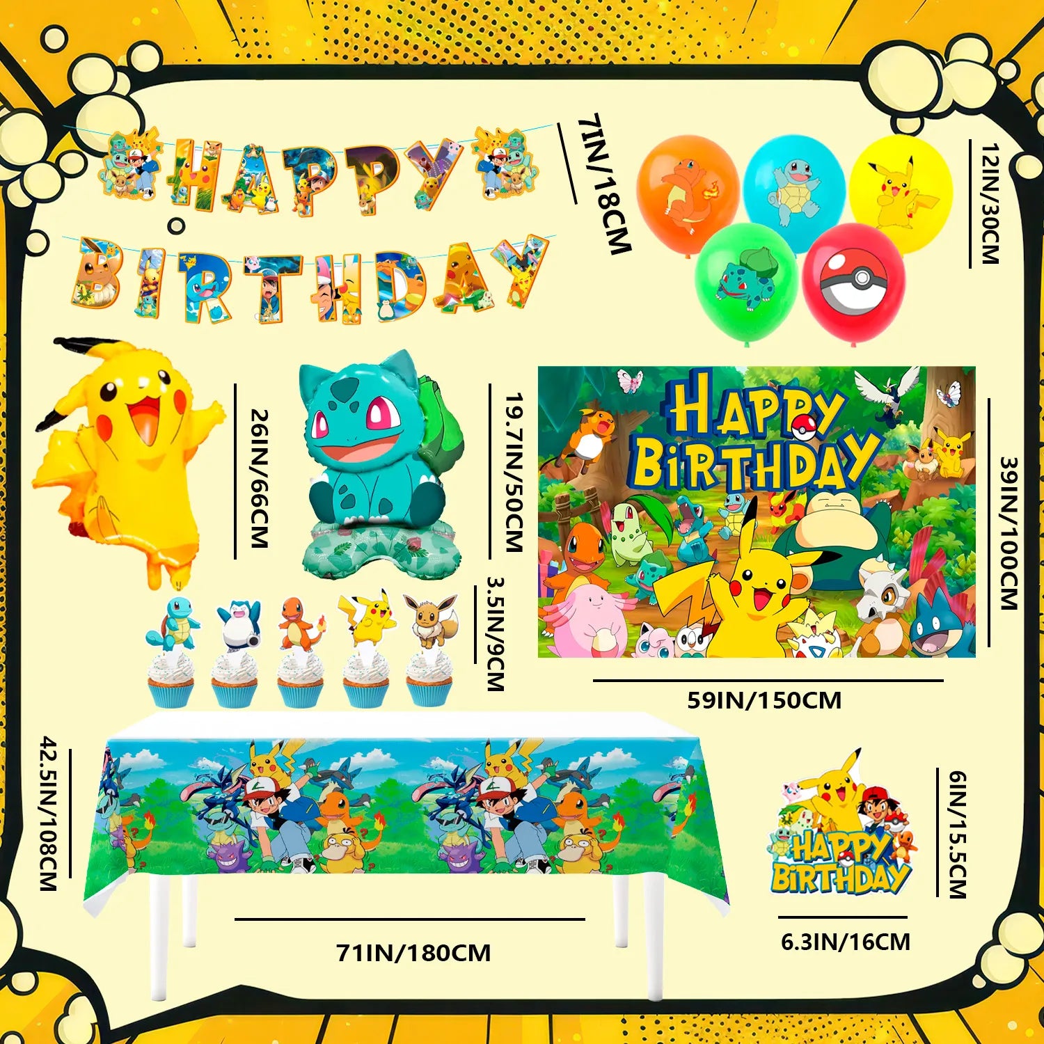 Pokemon Party Supplies Set,38 Pcs Pokemon Themed Birthday Decorations - Pokemon Balloons Banners Cake Topper and Pokemon Birthday Balloons for Kids Pokemon Themed Birthday Party