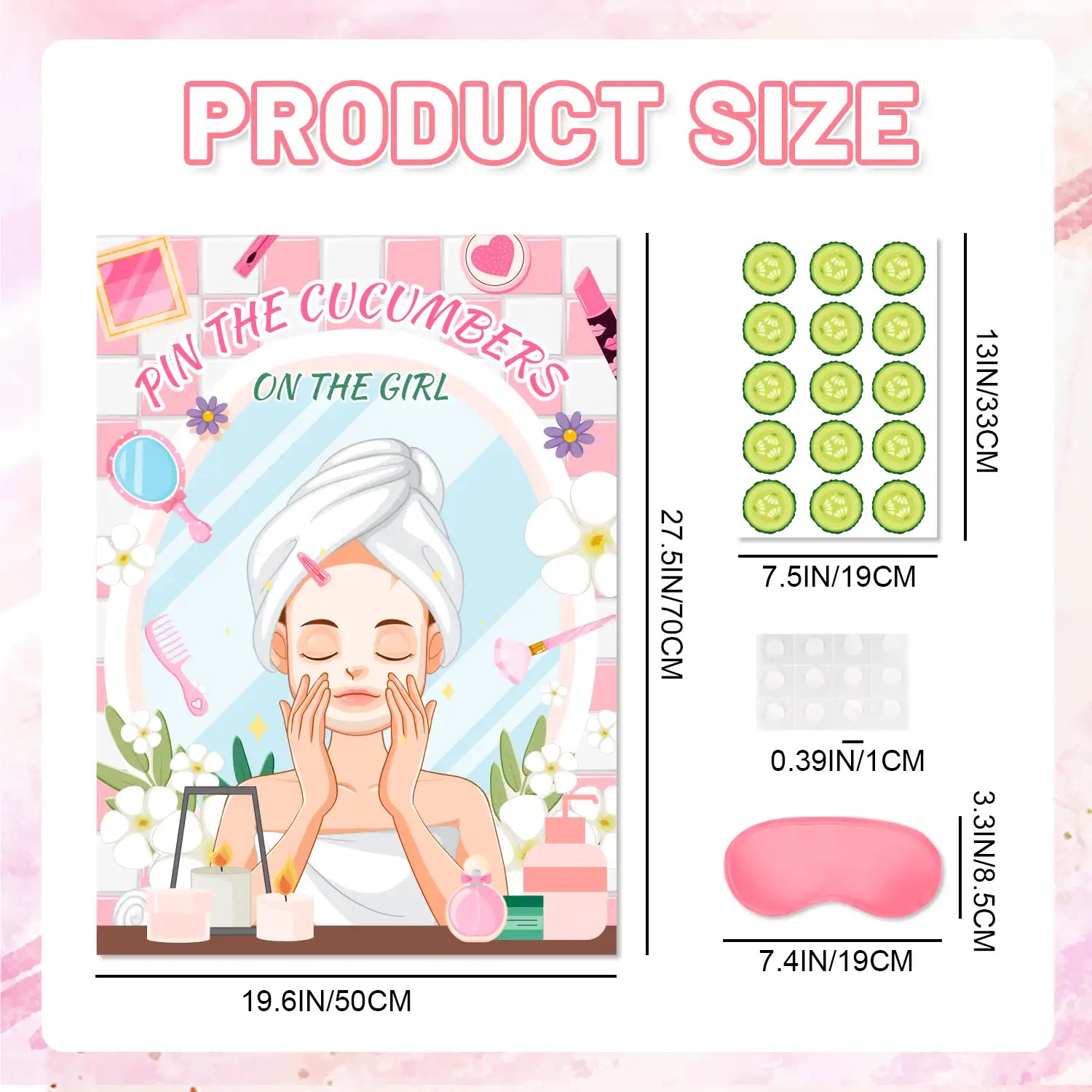 Spa Party Games, 7pcs Pin The Cucumber on The Girl Set - Spa Game Poster, Cucumber Stickers & Spa Birthday Party Decorations Blindfold for Women Kids Spa Party Supplies