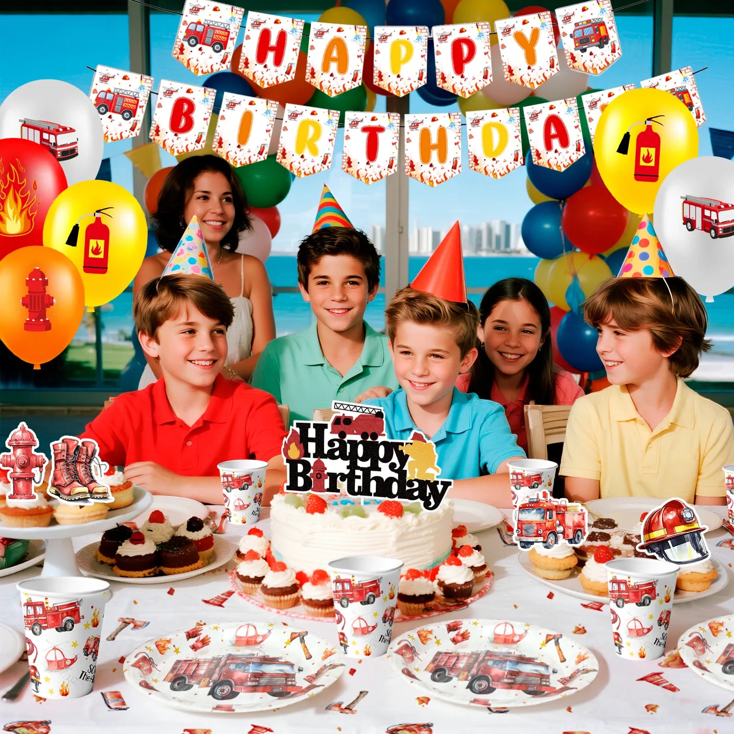 Fire Truck Birthday Party Supplies, 73pcs Firetruck Birthday Decorations & Tableware Set - Fire Truck Party Plates Cups & Fire Truck Cake Decorations Banner etc Firefighter Birthday Party Decorations