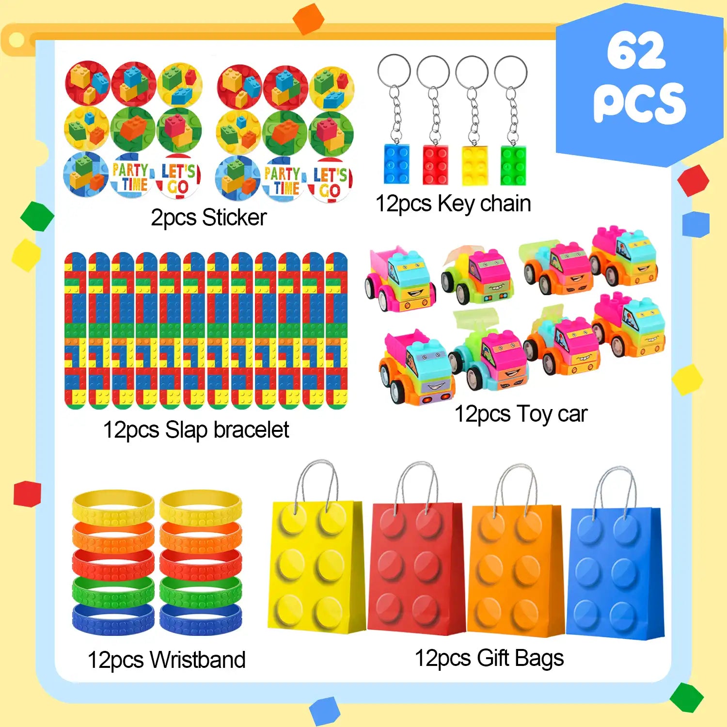 Building Block Birthday Party Favors, 12 Guests Building Blocks Party Favors Set- Building Block Favor Bags,Building Block Birthday Party Keychains Slap Bracelets etc Building Block Themed Party Favors