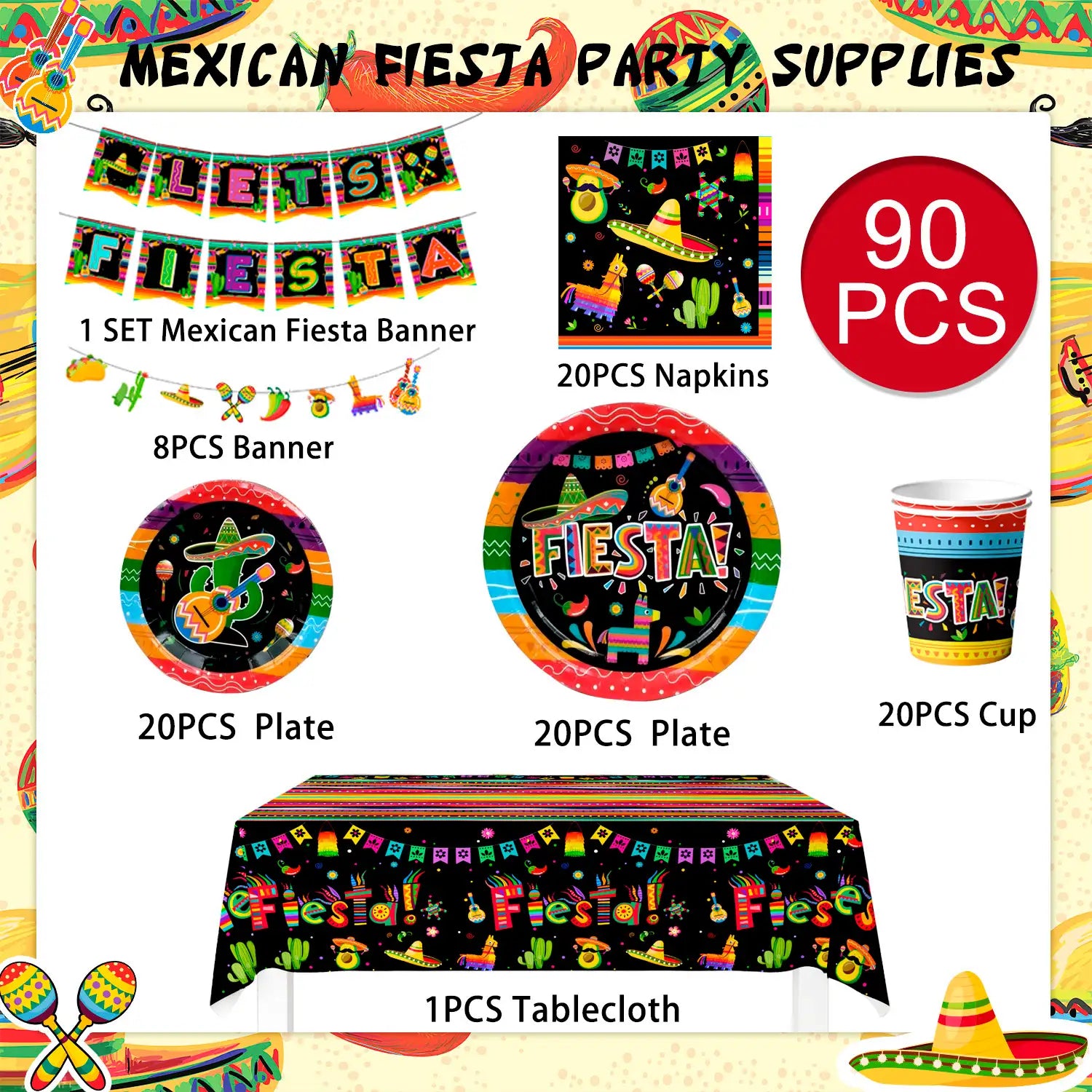 Mexican Themed Fiesta Party Supplies, 20 Guests Mexican Party Paper Tableware set Including Fiesta Plates Cups Napkins Tablecloth and Banner ect Fiesta Themed Party Supplies, for 20 Guests