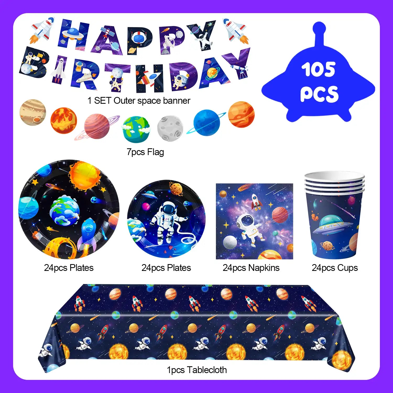 Space Theme Tableware, 24Guests Outer Space Birthday Party Supplies - Space Party Plates Napkins Tablecloth Banner Garland etc Outer Space Tableware for Space Birthday Decorations & Space Party Decorations